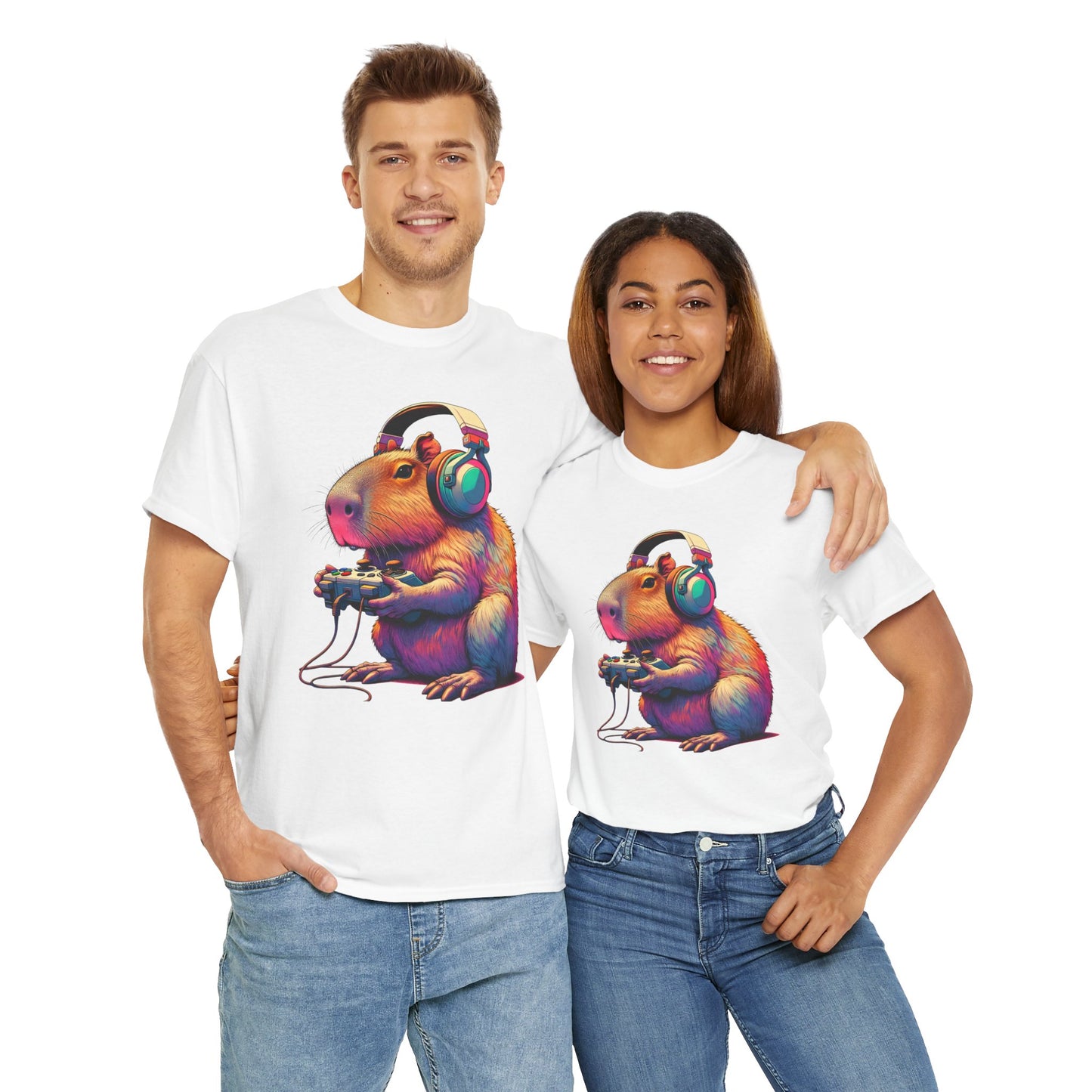 Cute Kawaii Gamer Capybara Guinea Pig Unisex Heavy Cotton Tee Shirt - Headphones, Earphones, Gaming, Anime, Video Game, Geek, Nerd