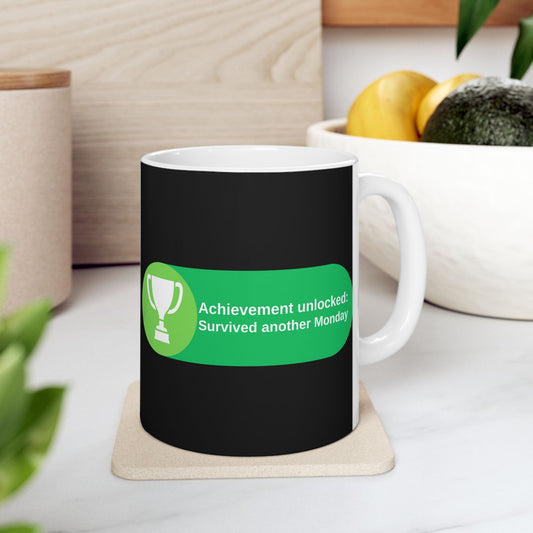 'Achievement Unlocked Survived another Monday' Ceramic Mug - Funny Gift for Gamers, 11oz & 15oz - Gamer, Gaming, XBox, Geek, Nerd