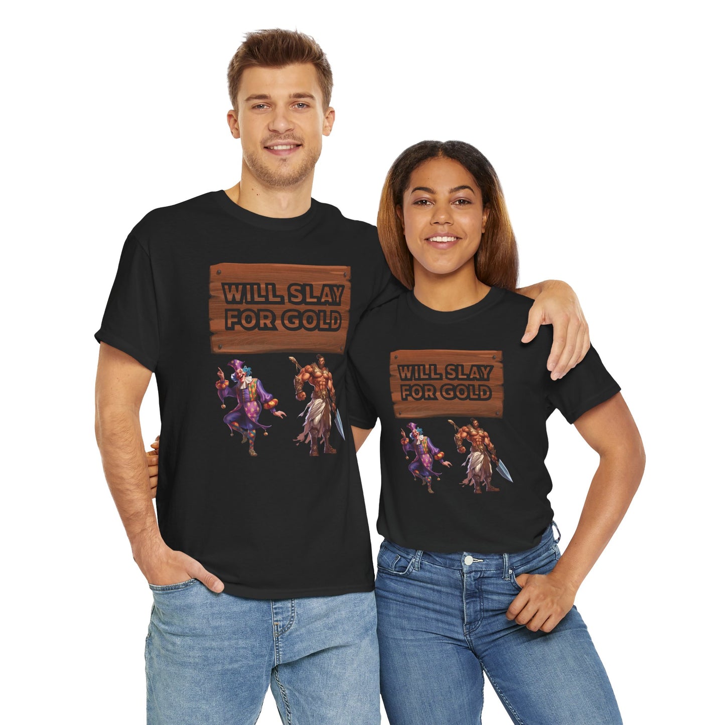 Funny Unisex Gamer Tee - "Will Slay for Gold" - Fun Gift for Gamers, Casual Wear, Birthday Tee, Gaming Night Shirt, Fantasy Apparel, DND, RPG, TTRPG, Geek, Nerd