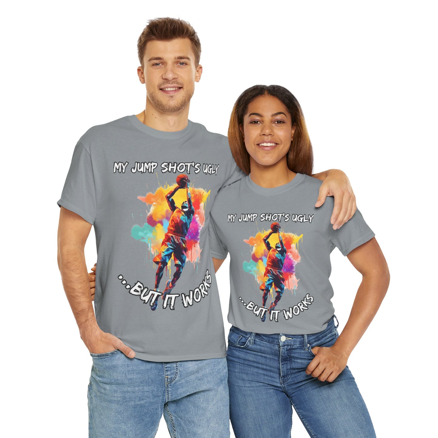 'My Jump Shot's Ugly, But It Works' Basketball Quote Tee: Fun Graphic Shirt for Sports Lovers, Gift for Athletes & Fans, Casual Wear, Birthday Gift, Workout Apparel