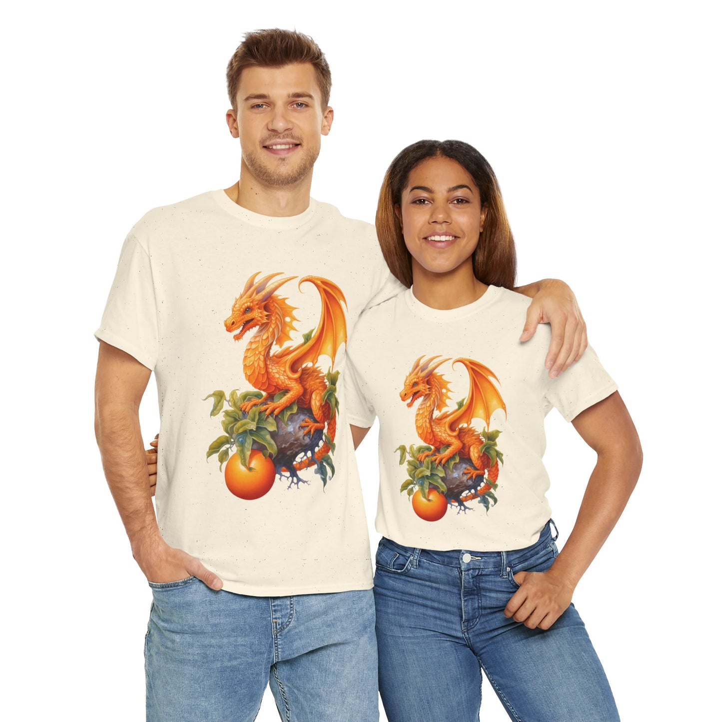 Vintage Orange Fruit Dragon Unisex Heavy Cotton Tee, Graphic T-Shirt, Gift for Dragon Lovers, Fantasy Apparel, Casual Wear, Fruit Of The Spirit, RPG, Geek, Nerd