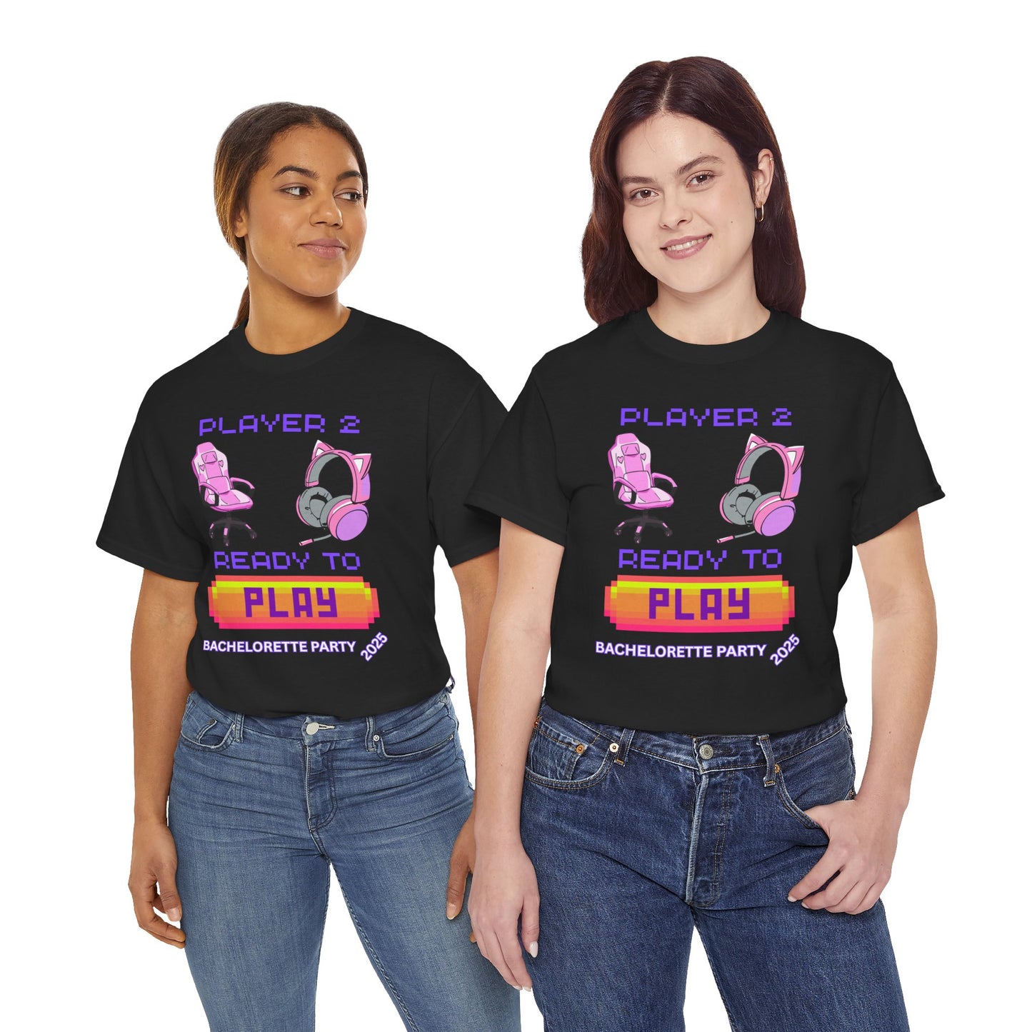 Gamer Girl Bachelorette Party 2025 Tee - 'Player 2 Ready to Play' Unisex Heavy Cotton T-Shirt, Video Game, Gaming, Console, PC, Tech, Geek, Squad, Nerd