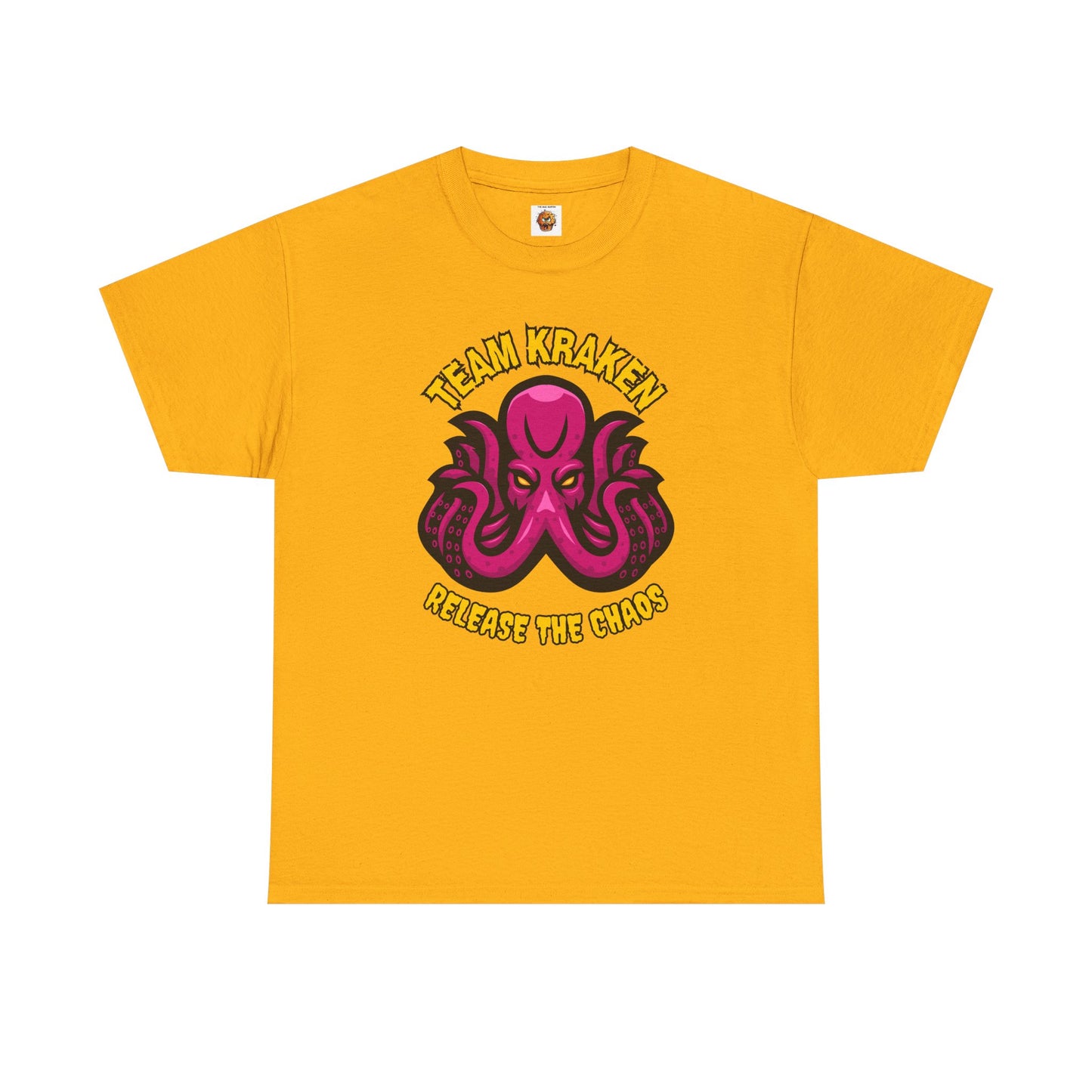 'Team Kraken Release The Chaos' Octopus Unisex Heavy Cotton Tee, Kraken Shirt, Gift for Ocean Lovers, Casual Wear for All Occasions, Mythology, Scary, Creepy, Geek, Nerd