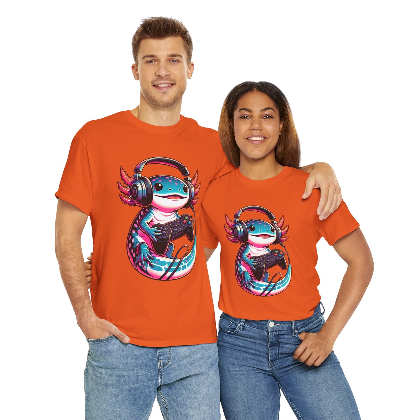 Cute Kawaii Gaming Axolotl Unisex Heavy Cotton Tee - Perfect for Gamers, Mexican Walking Fish, Smile, Video Game, Geek, Nerd, Salamander, Anime
