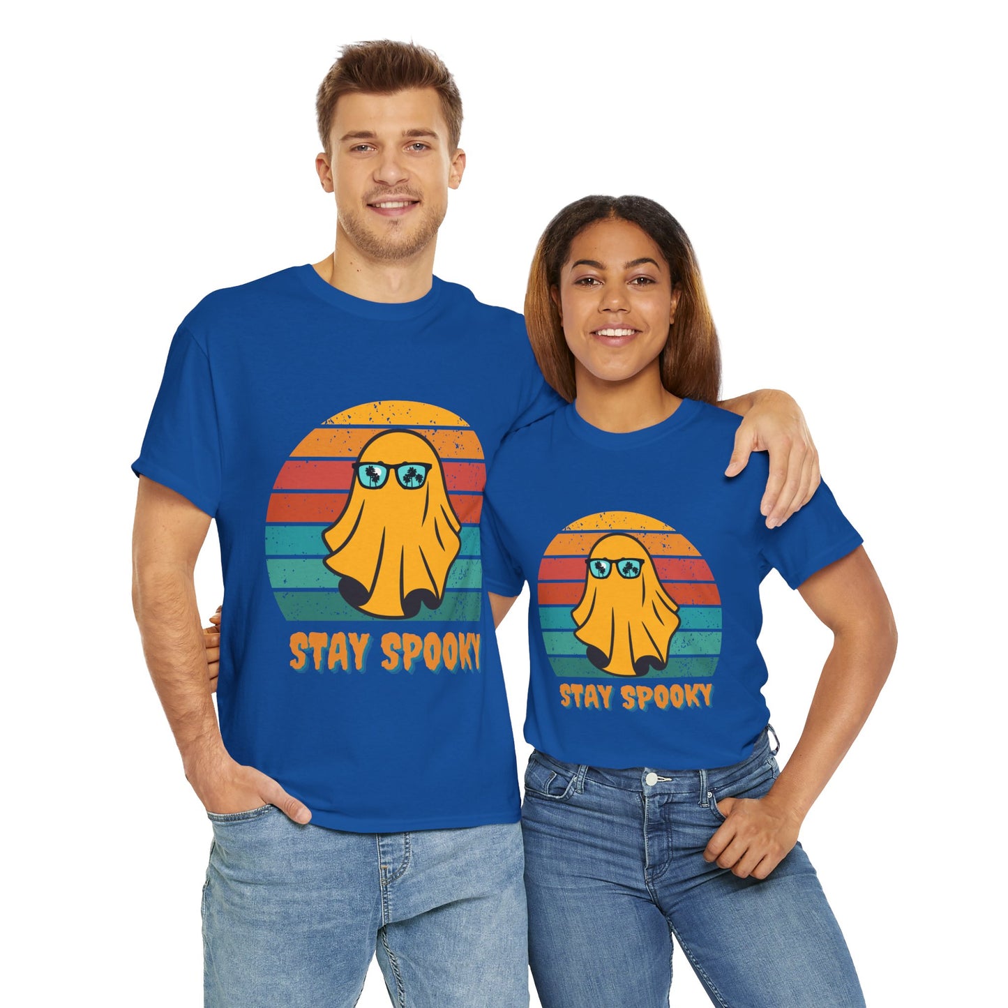 Stay Spooky Retro Holiday Unisex Heavy Cotton Tee - Vintage Ghost Halloween Shirt, Sunglasses, California, Tropical, Funny, Geek, Nerd