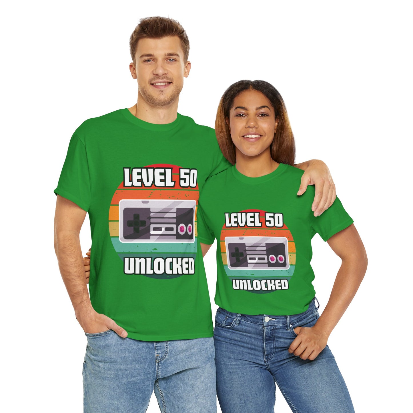 Gaming Level 50 Unlocked Tee - Unisex Heavy Cotton T-Shirt, Video Game, Gamer, Happy Birthday Shirt, Geek, Nerd, Retro