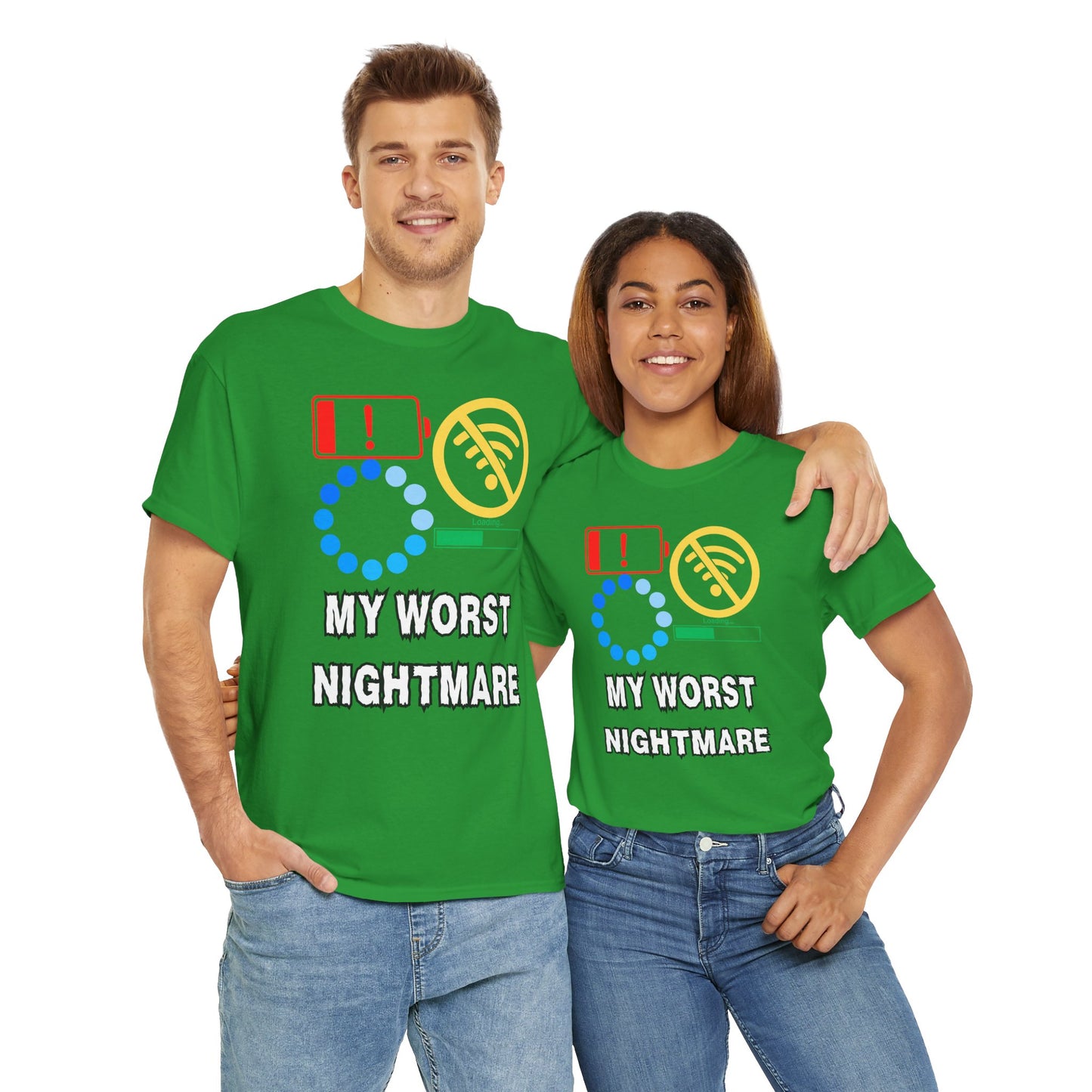 My Worst Nightmare Unisex Heavy Cotton Tee - Funny Graphic T-Shirt for Tech Lovers, Low Battery, No WiFi, Buffering, Loading, PC, Gamer, Gaming, Video Game, Geek, Nerd