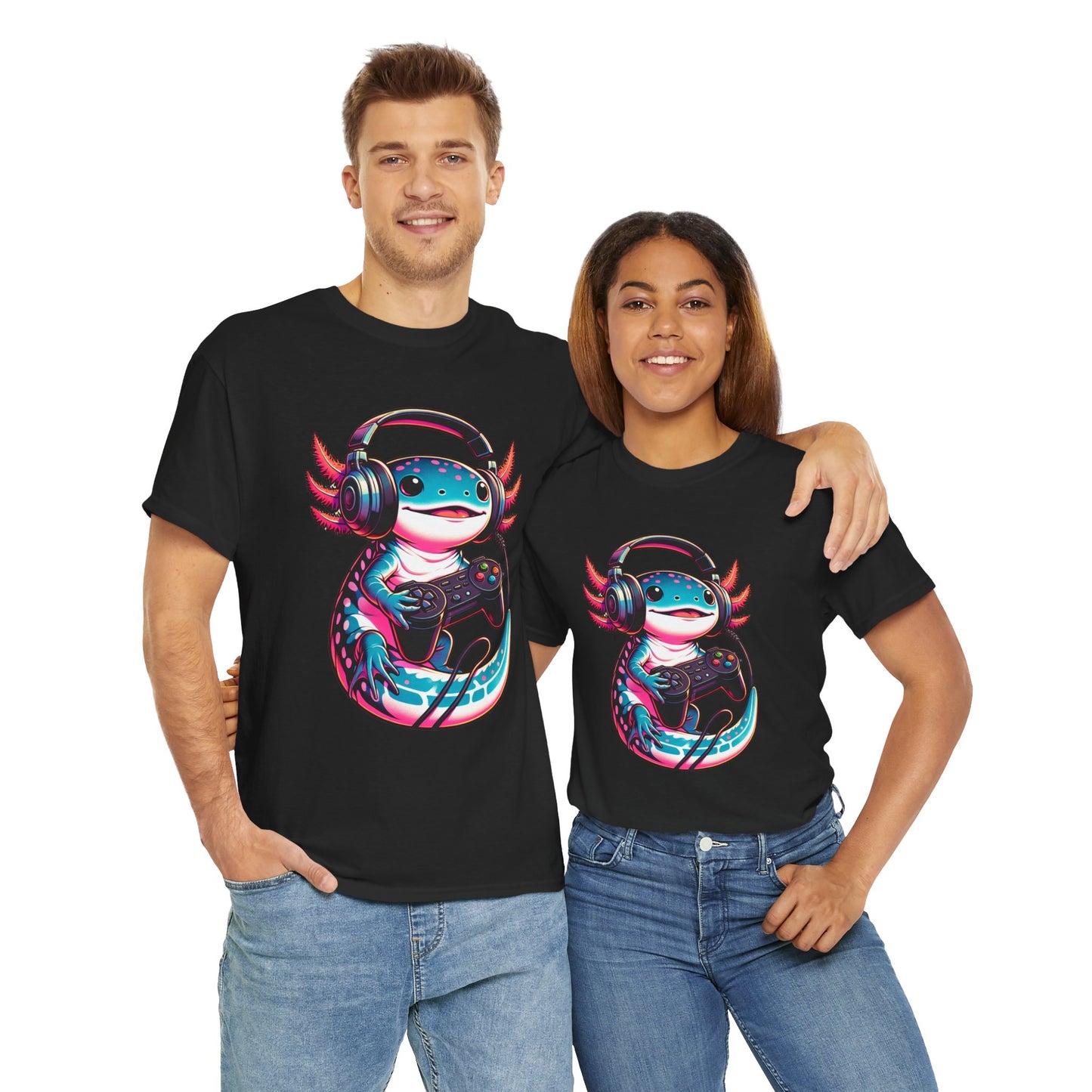 Cute Kawaii Gaming Axolotl Unisex Heavy Cotton Tee - Perfect for Gamers, Mexican Walking Fish, Smile, Video Game, Geek, Nerd, Salamander, Anime