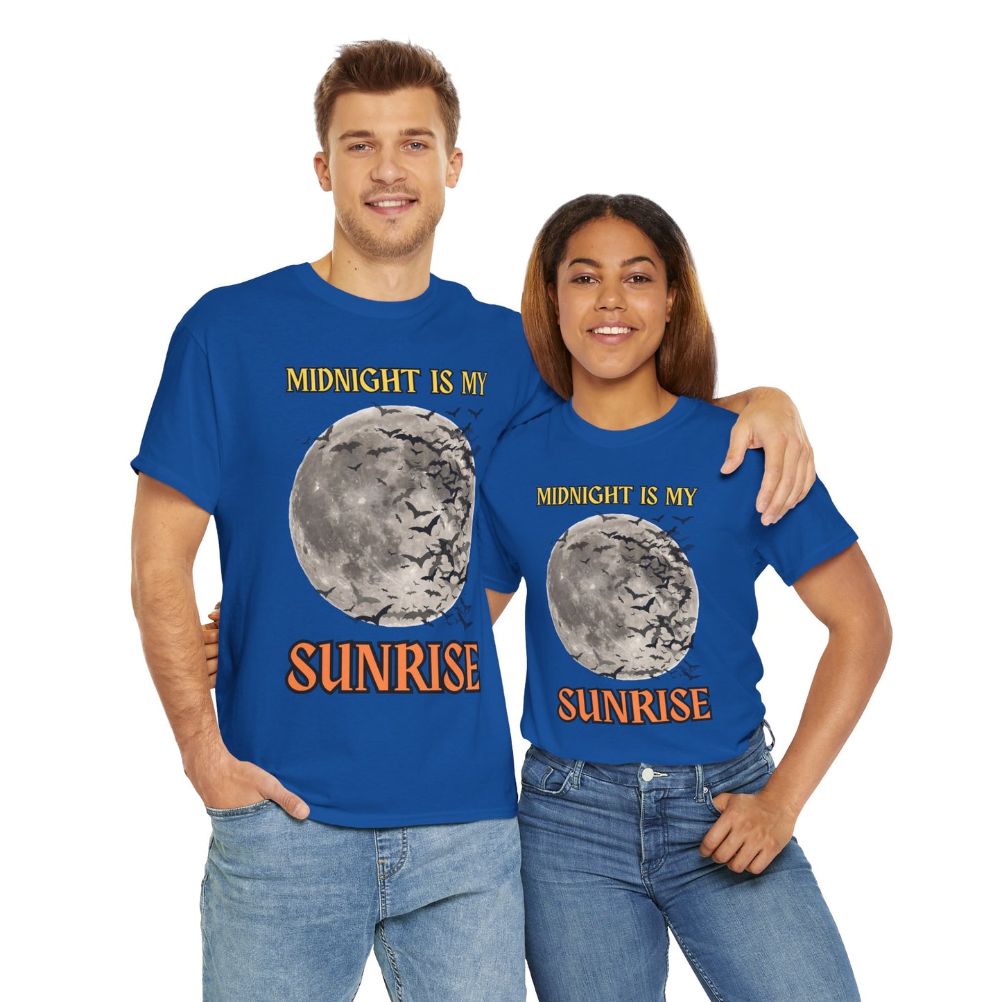 'Midnight is My Sunrise' Unisex Heavy Cotton Tee Shirt - Graphic Tee for Night Owls, Scary, Creepy, Halloween, Gothic, Full Moon, Bats