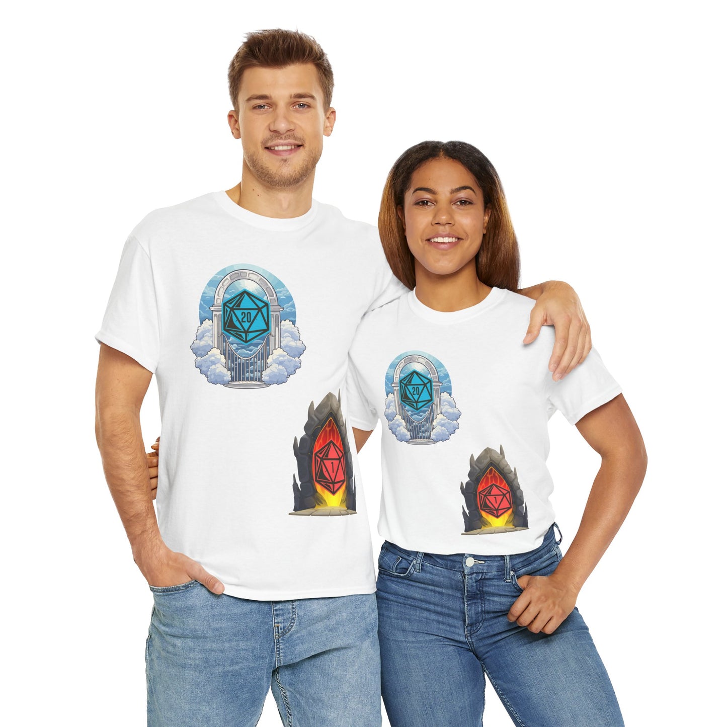 Heaven Hell D20 Fantasy Dungeons and Dragons DND Unisex Heavy Cotton Tee Shirt T-Shirt - RPG, TTRPG, Roleplaying, Geek, Nerd