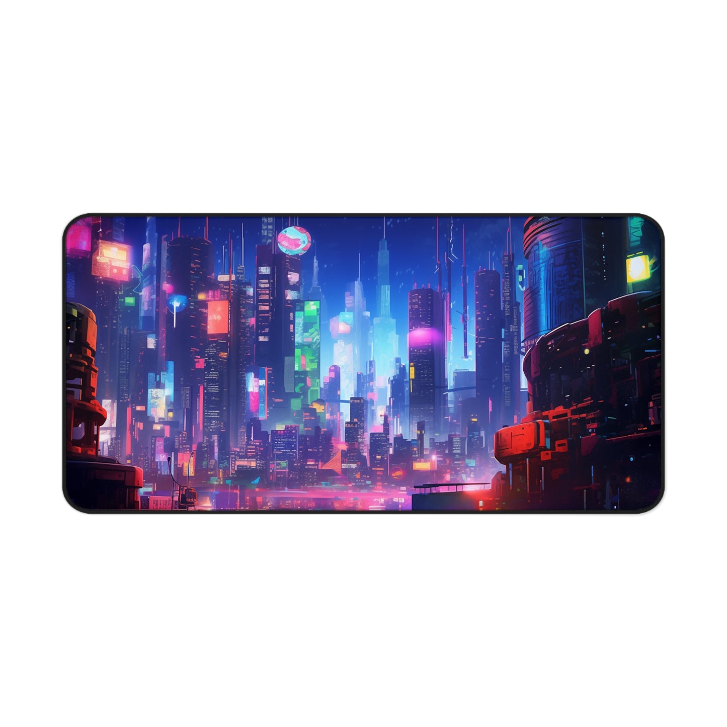 Futuristic Cityscape Cyberpunk Skyline Desk Mat - Perfect for Gamers and Professionals, Geek, Nerd, Neon Color