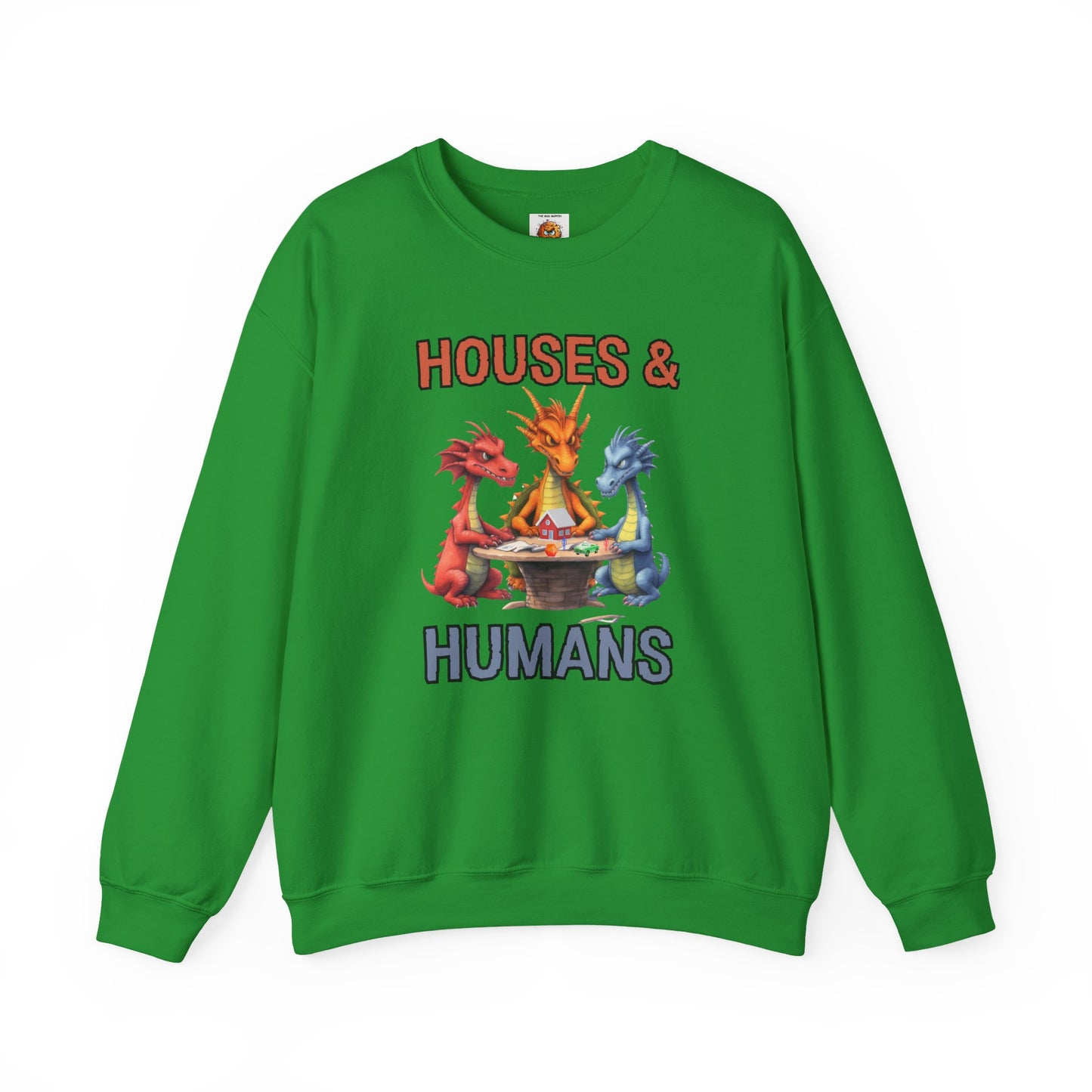 'Houses & Humans' Heavy Blend Crewneck Sweatshirt, Cozy unisex sweatshirt, Fantasy apparel, Gift for nerds, Dragon lover merch, D&D, DND, RPG, TTRPG, Geek, Nerd, D20