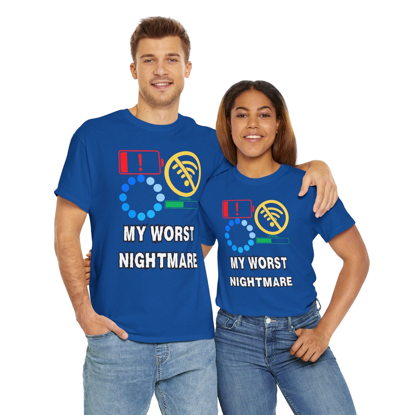 My Worst Nightmare Unisex Heavy Cotton Tee - Funny Graphic T-Shirt for Tech Lovers, Low Battery, No WiFi, Buffering, Loading, PC, Gamer, Gaming, Video Game, Geek, Nerd