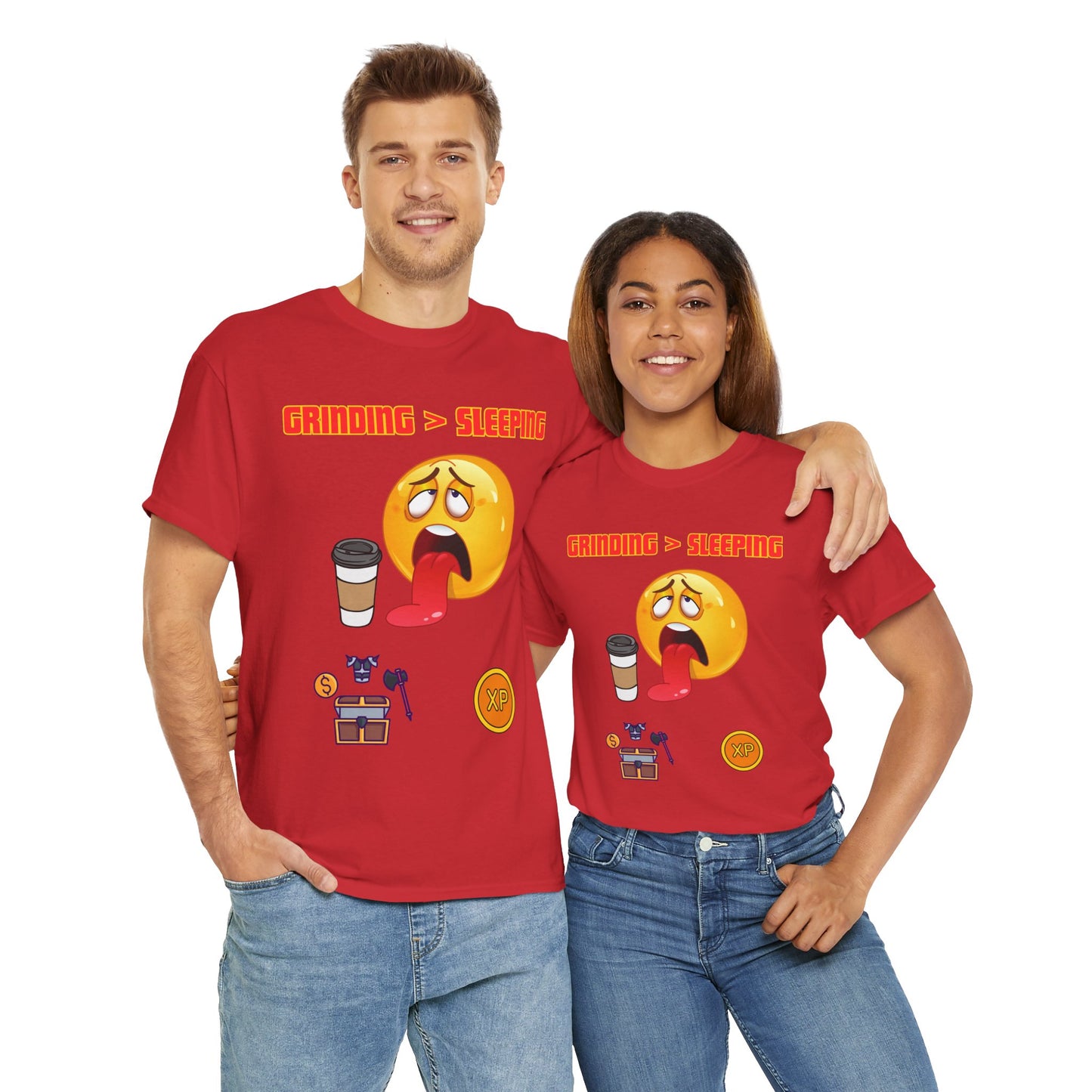 Grinding > Sleeping Unisex Heavy Cotton Tee - Funny Graphic T-Shirt for Gamers and Coffee Lovers, Gaming, Video Game, Geek, Nerd, RPG