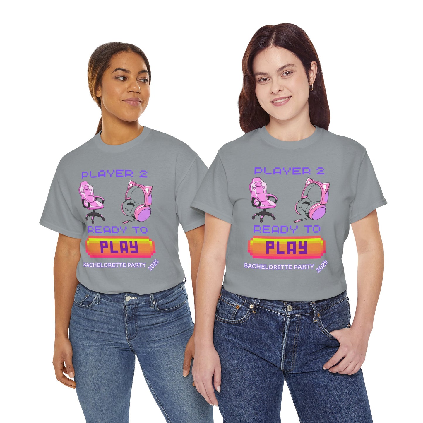 Gamer Girl Bachelorette Party 2025 Tee - 'Player 2 Ready to Play' Unisex Heavy Cotton T-Shirt, Video Game, Gaming, Console, PC, Tech, Geek, Squad, Nerd