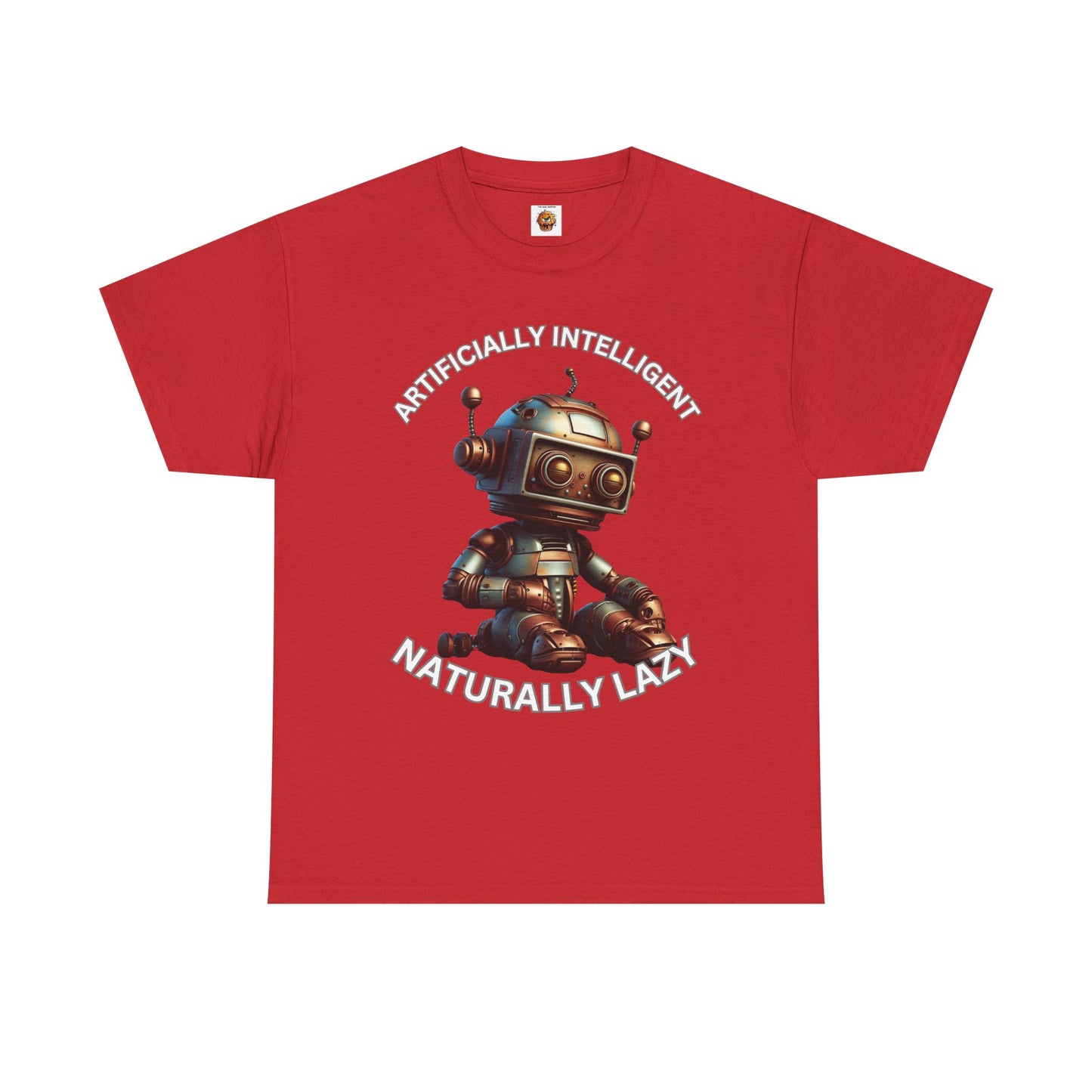 Cute Robot Unisex Heavy Cotton Tee Shirt - 'Artificially Intelligent, Naturally Lazy' Graphic T-Shirt for Tech Lovers, Geek, Nerd