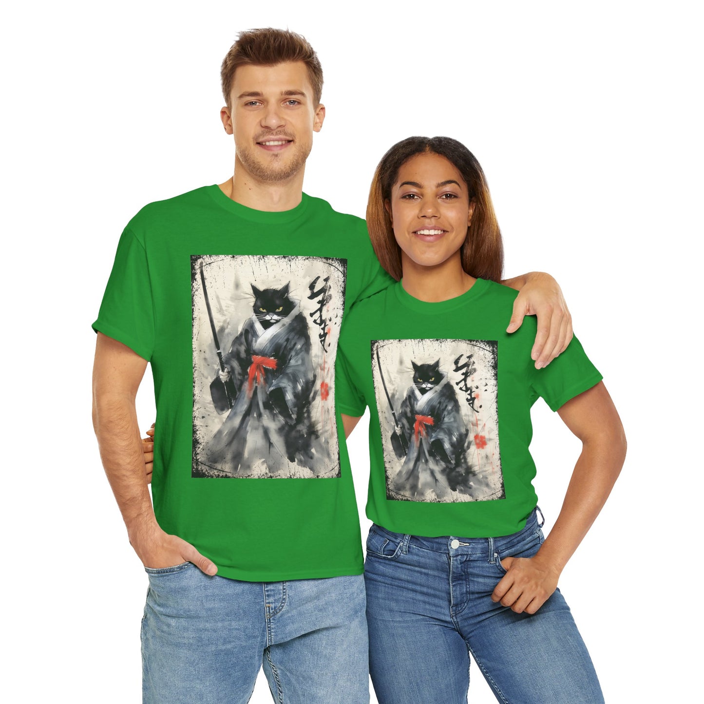 Samurai Cat Vintage Ukiyo-e Warrior Art Unisex Heavy Cotton Tee - Artistic Vintage Design, Japanese Ink Painting, Anime, Weeb, Otaku, Geek, Nerd