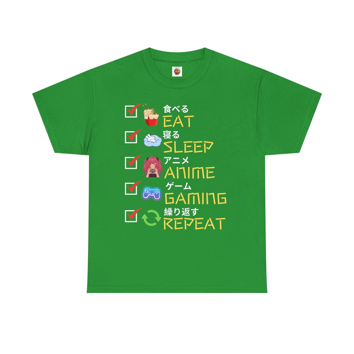 Cute Kawaii Unisex Heavy Cotton Tee Shirt T-Shirt - Eat Sleep Anime Gaming Repeat, Funny Checklist Japanese Kanji English, Geek, Nerd
