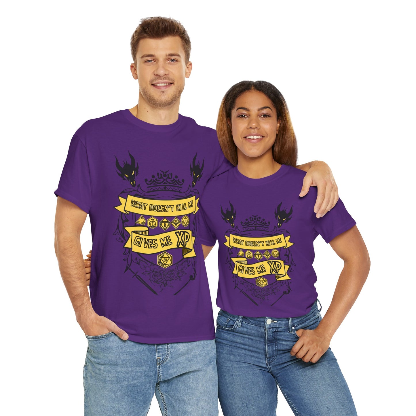 'What Doesn't Kill Me Gives Me XP' Dungeons and Dragons DND Unisex Heavy Cotton Tee Shirt T-Shirt - RPG, TTRPG, Roleplaying, Geek, Nerd
