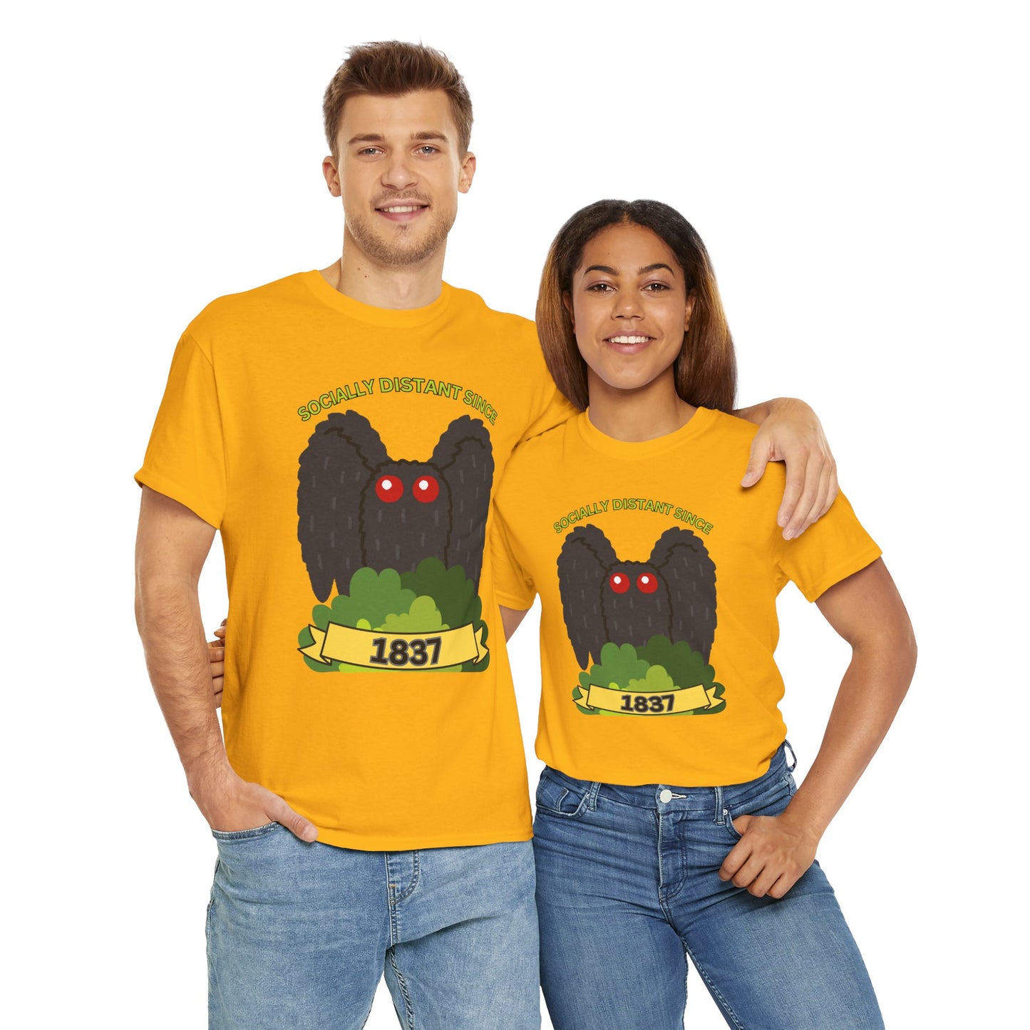 Mothman 'Socially Distant Since 1837' Unisex Tee, Funny Graphic Tee, Quirky T-Shirt, Casual Wear, Gift for Friends, Paranormal, Cryptid, Geek, Nerd, Scary, Creepy