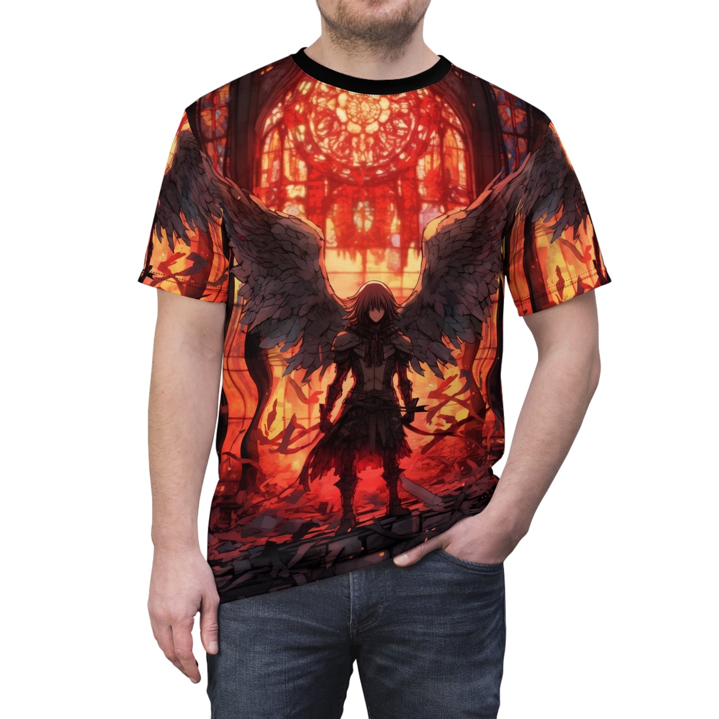Fallen Angel Rebellion AOP Unisex Tee, Graphic Shirt, Gothic Style Apparel, Shonen Anime Inspired Fashion T-Shirt, Weeb, Otaku, Geek, Nerd
