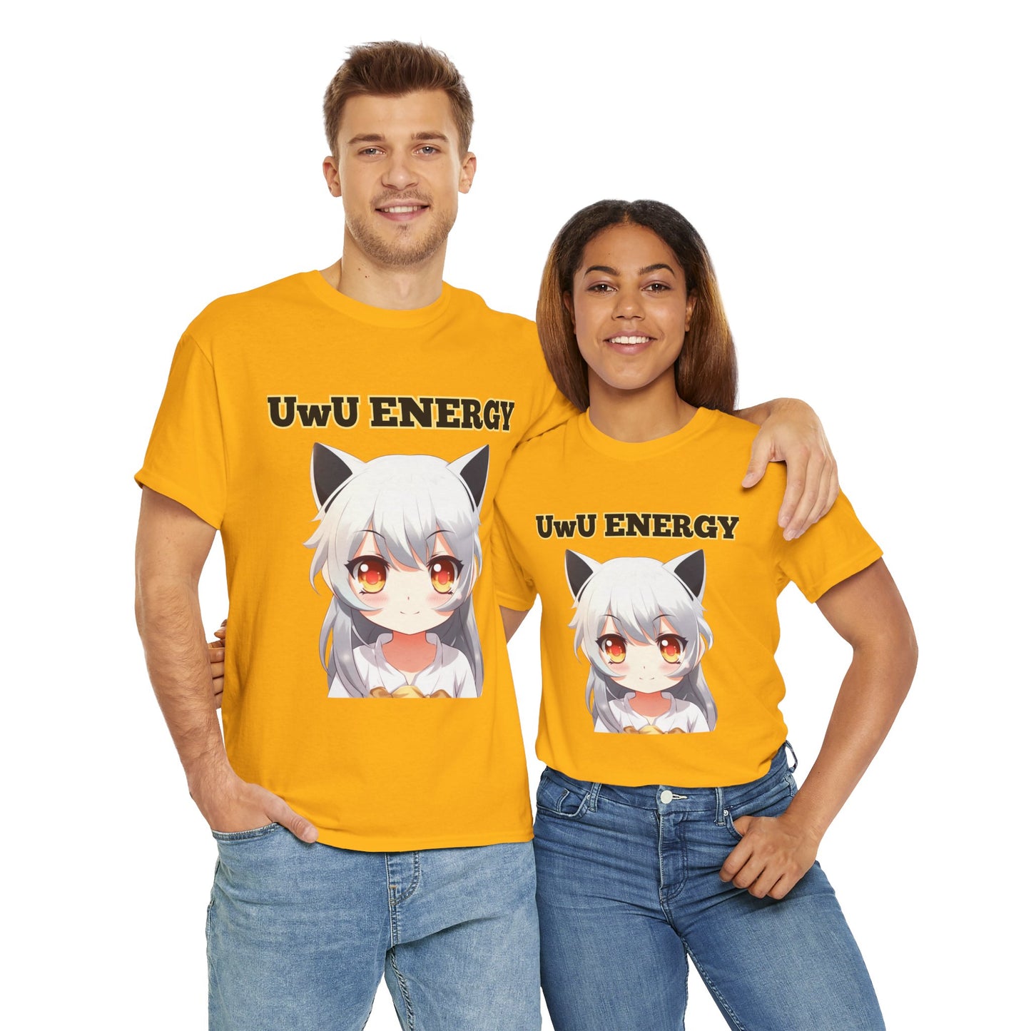 Cute Anime 'UwU ENERGY' Cat Girl Neko Nekomusume Unisex Heavy Cotton Tee Shirt T-Shirt - Weeb, Otaku, Geek, Nerd