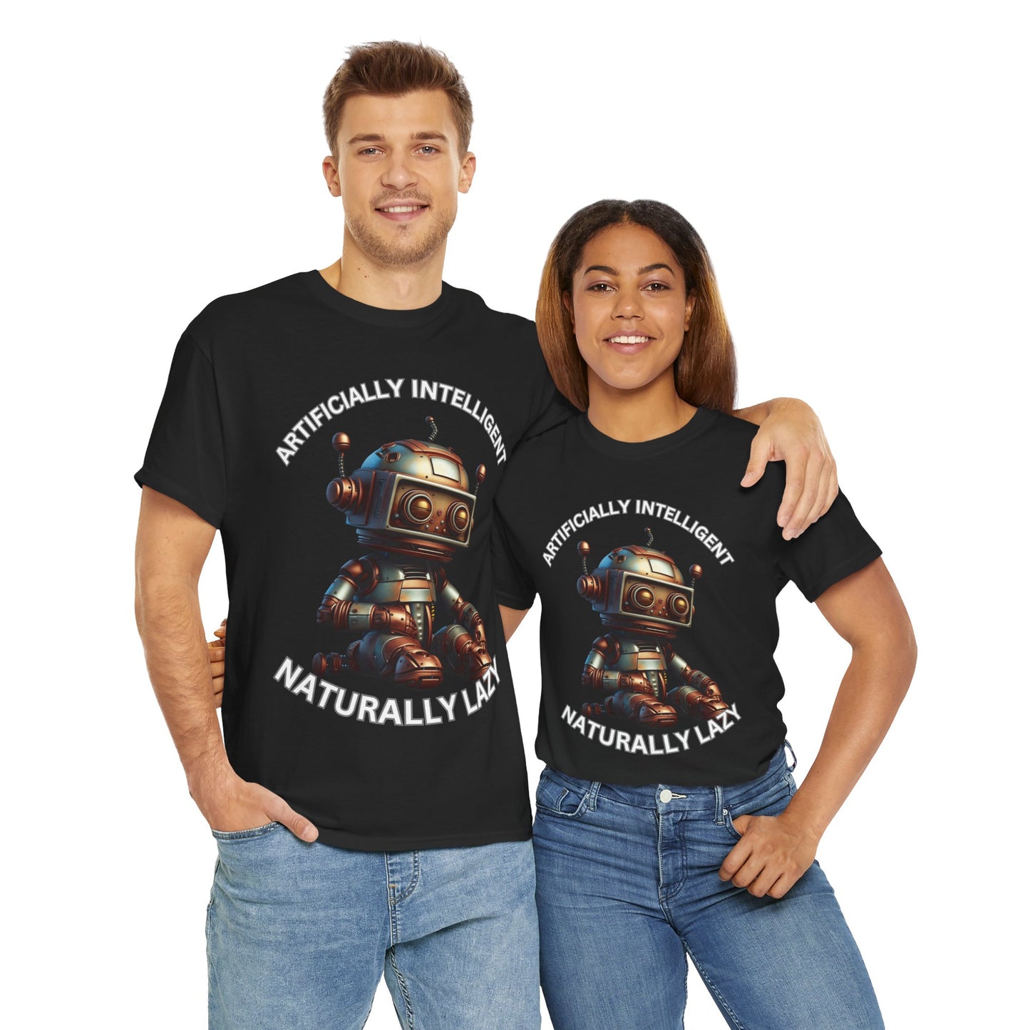 Cute Robot Unisex Heavy Cotton Tee Shirt - 'Artificially Intelligent, Naturally Lazy' Graphic T-Shirt for Tech Lovers, Geek, Nerd