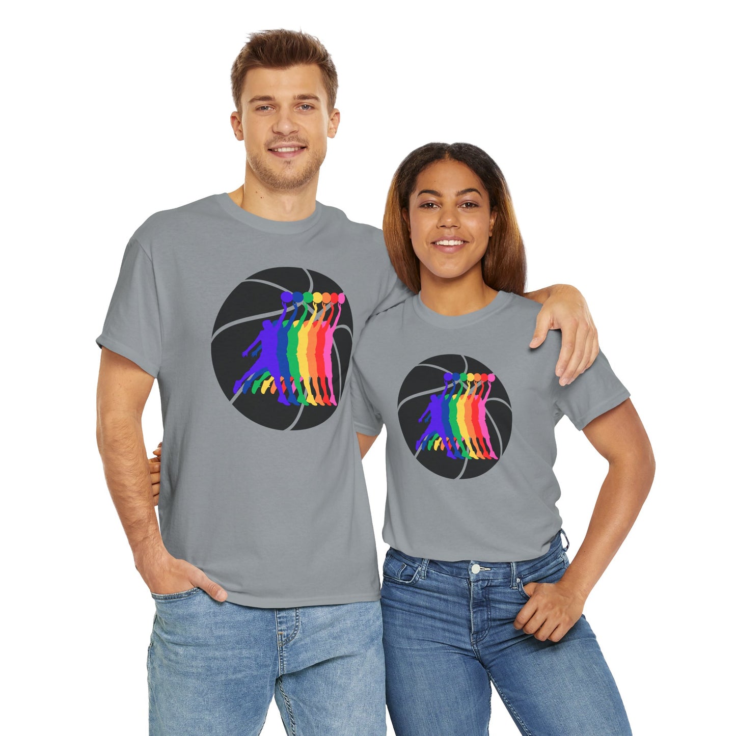 Basketball Player Silhouette Rainbow Colorful Graphic Unisex Heavy Cotton Tee, Vibrant Art Shirt, LGBTQ+ Pride Tee, Casual Wear, Summer Fashion, Hoops