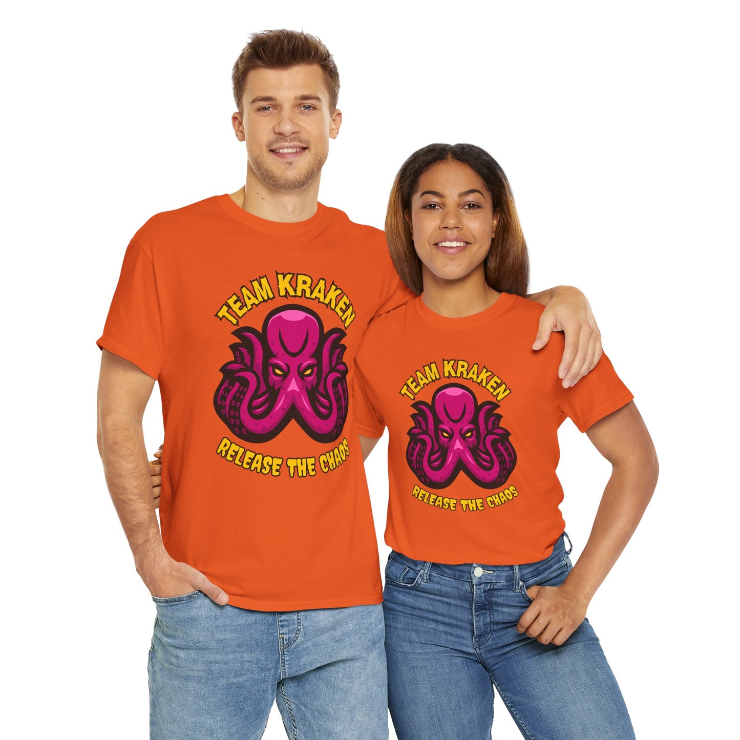 'Team Kraken Release The Chaos' Octopus Unisex Heavy Cotton Tee, Kraken Shirt, Gift for Ocean Lovers, Casual Wear for All Occasions, Mythology, Scary, Creepy, Geek, Nerd