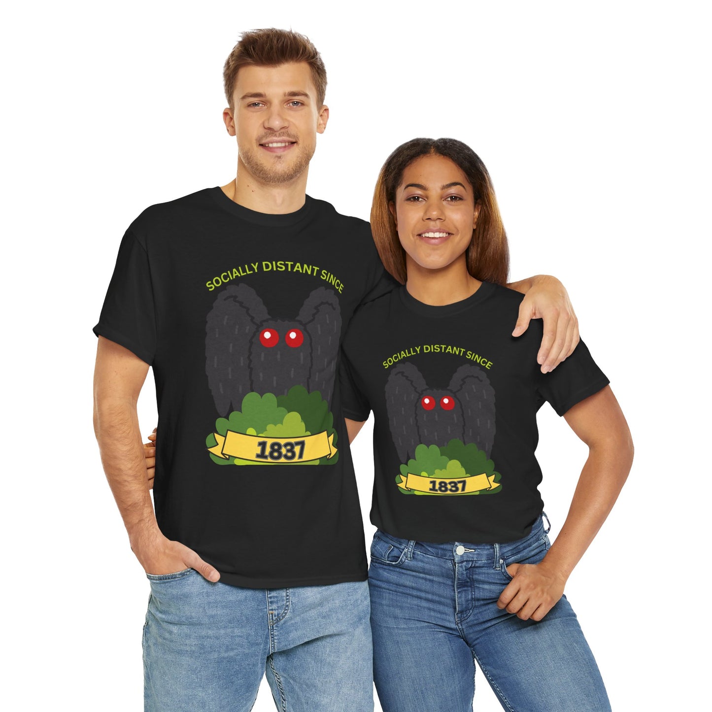 Mothman 'Socially Distant Since 1837' Unisex Tee, Funny Graphic Tee, Quirky T-Shirt, Casual Wear, Gift for Friends, Paranormal, Cryptid, Geek, Nerd, Scary, Creepy