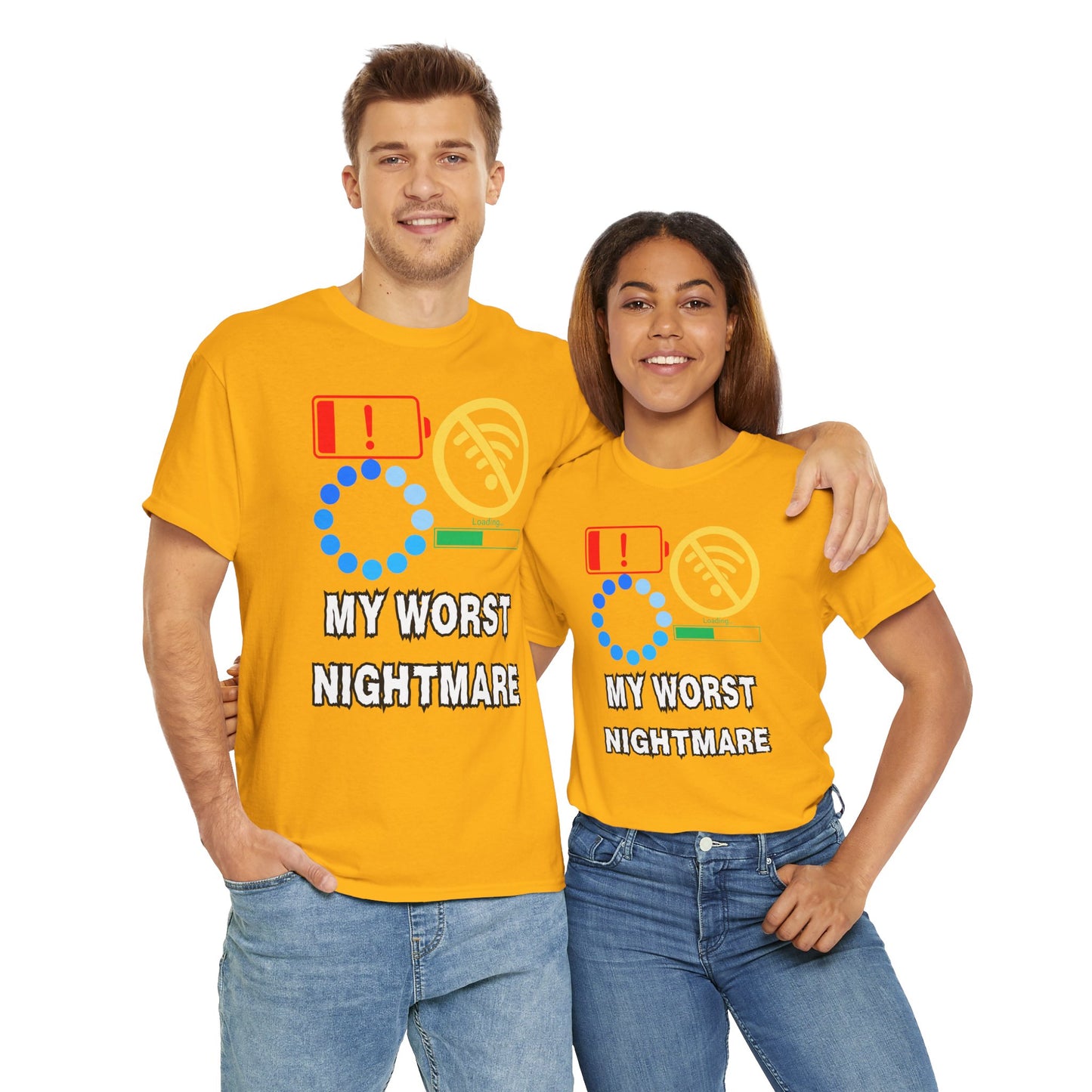 My Worst Nightmare Unisex Heavy Cotton Tee - Funny Graphic T-Shirt for Tech Lovers, Low Battery, No WiFi, Buffering, Loading, PC, Gamer, Gaming, Video Game, Geek, Nerd