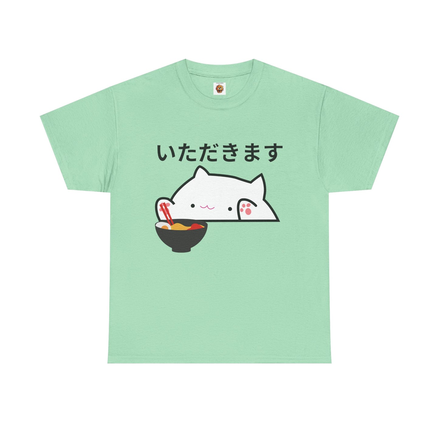 Cute Kawaii Japanese Cat Tee Shirt - Itadakimasu Design - Unisex Heavy Cotton T-Shirt - 'To Humbly Receive', Geek, Nerd
