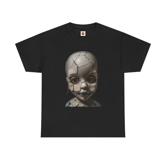 Creepy Scary Vintage Porcelain Broken Doll Unisex Heavy Cotton Tee Shirt - Unique Graphic T-Shirt, Horror, Halloween, Gothic, Geek, Nerd