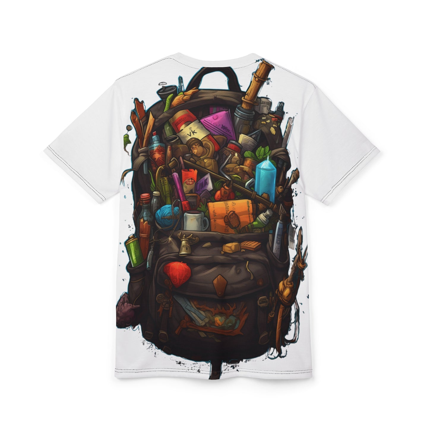 Adventurer's Backpack Unisex AOP Tee - Rope, Rations, Spell scrolls, Potions, Daggers, Coins, Magic Items, DND, RPG, Geek, Nerd