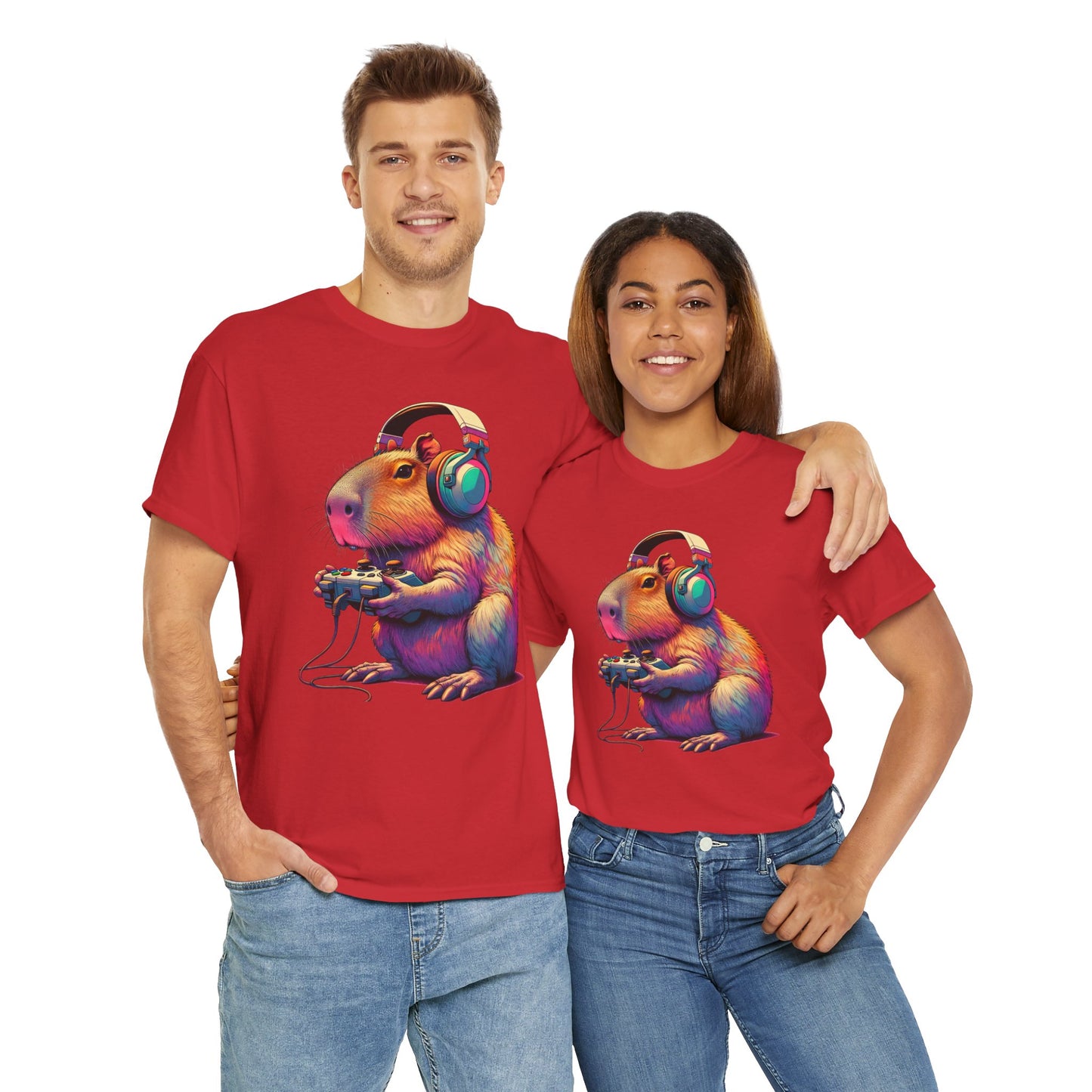 Cute Kawaii Gamer Capybara Guinea Pig Unisex Heavy Cotton Tee Shirt - Headphones, Earphones, Gaming, Anime, Video Game, Geek, Nerd