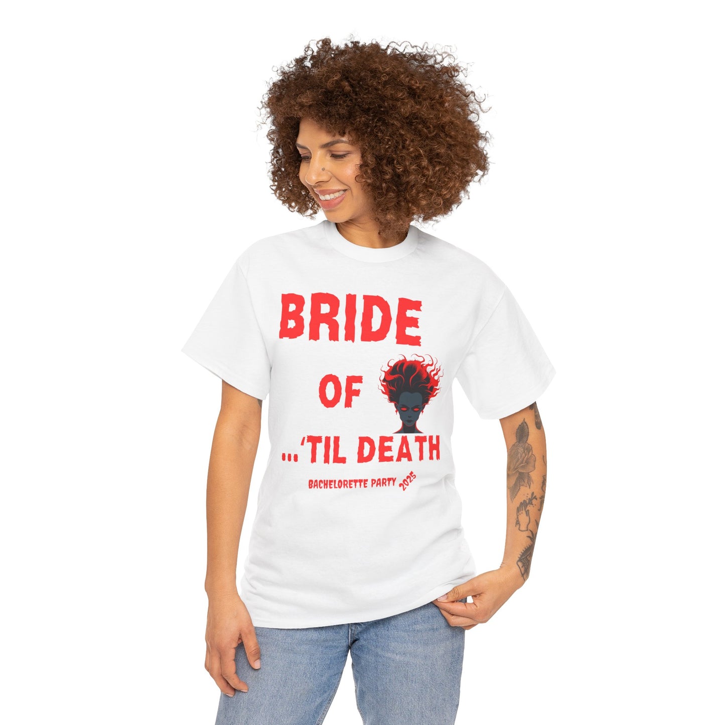 Bride of 'Til Death Bachelorette Party Tee 2025 | Unisex Heavy Cotton T-Shirt, Wedding, Engagement, Horror, Scary, Creepy, Halloween, Geek, Nerd