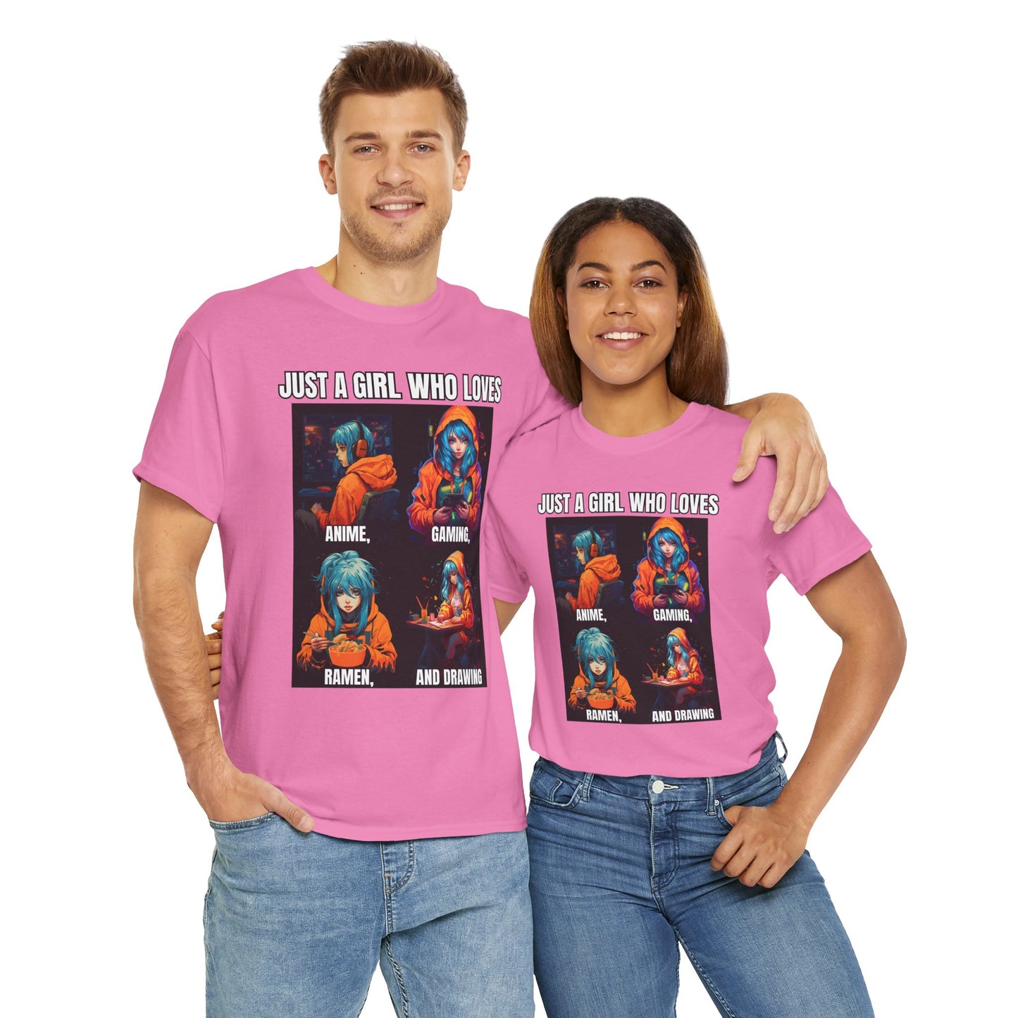 'Just a Girl Who Loves Anime, Gaming, Ramen, and Drawing' Unisex Heavy Cotton Tee - Waifu, Video Game, Gamer, Gamer Girl, Sketching, Weeb, Otaku, Geek, Nerd