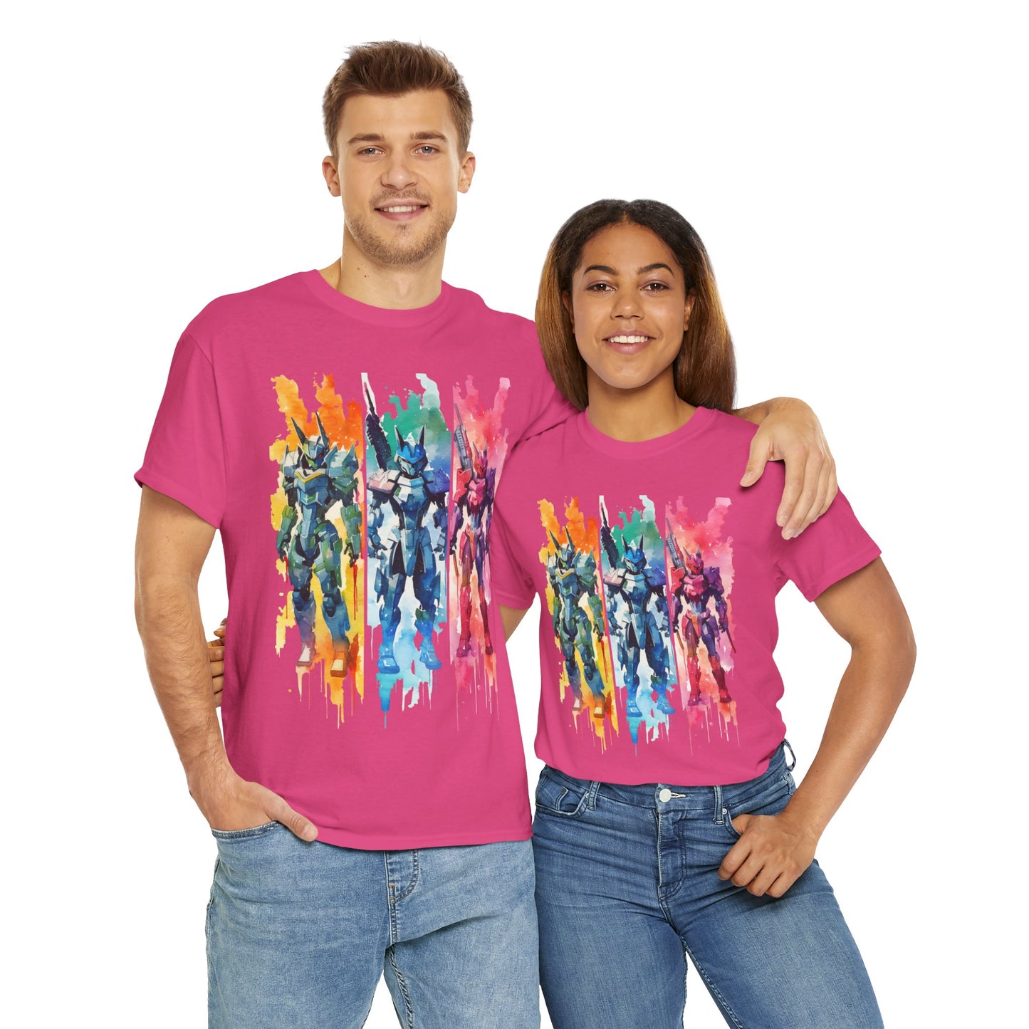 Watercolor Brushstroke Anime Mecha Art Unisex Heavy Cotton Tee Shirt - Mobile Battle Suit Armor, Geek, Nerd, Colorful
