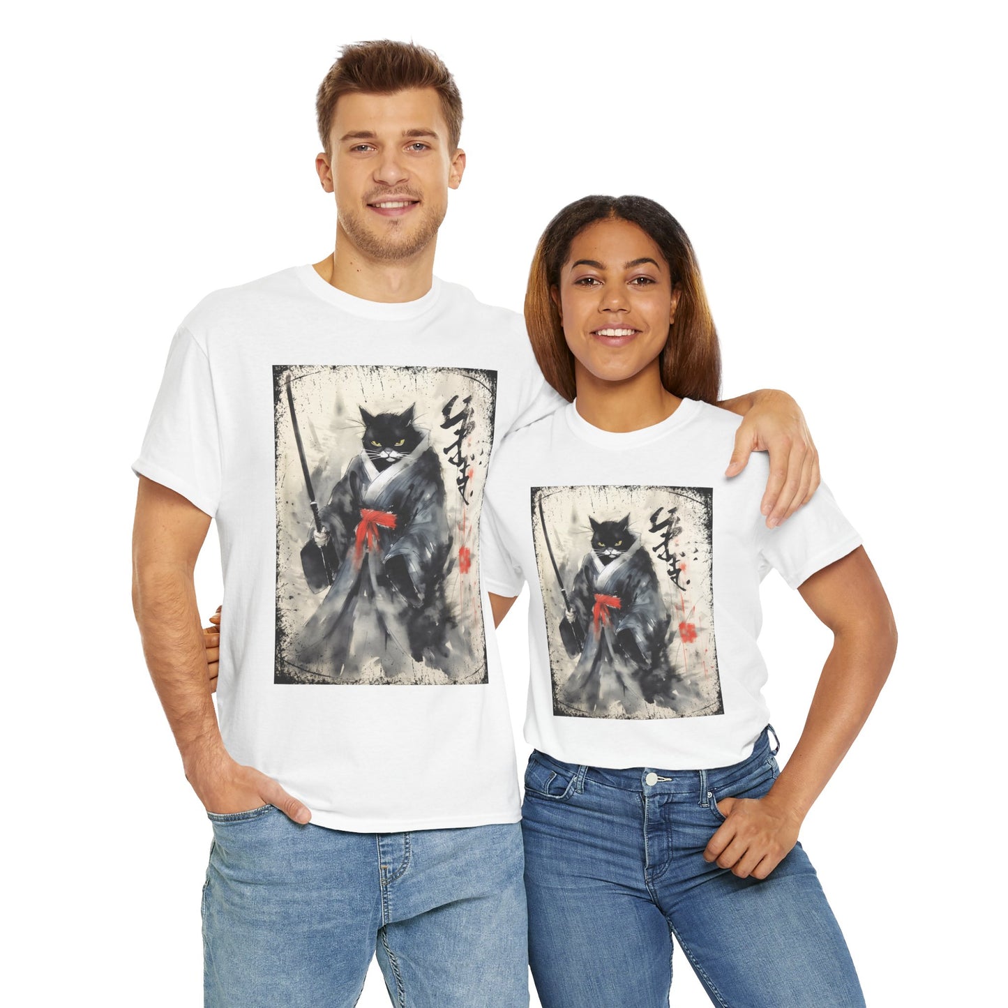 Samurai Cat Vintage Ukiyo-e Warrior Art Unisex Heavy Cotton Tee - Artistic Vintage Design, Japanese Ink Painting, Anime, Weeb, Otaku, Geek, Nerd