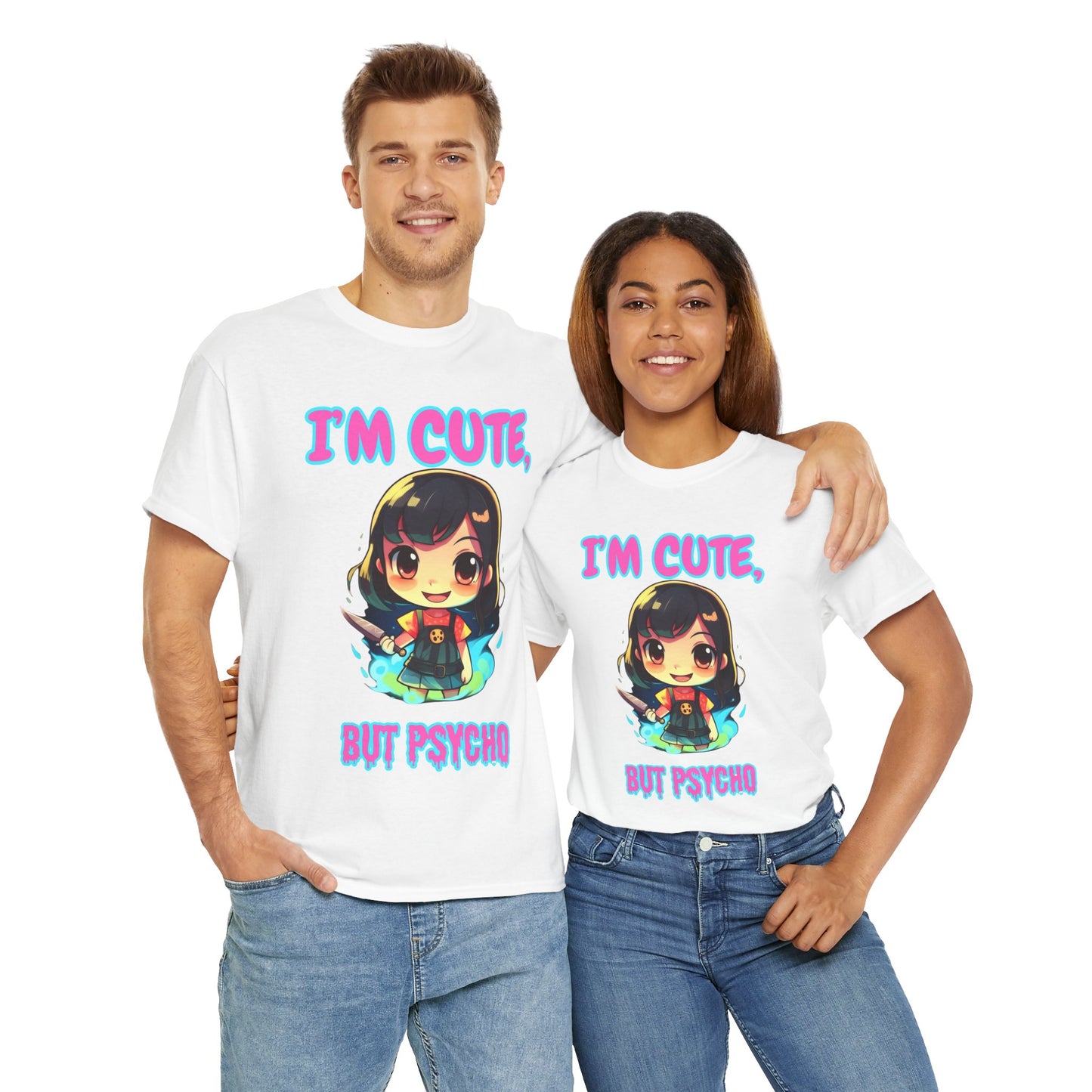Cute But Psycho Unisex Heavy Cotton Tee Shirt - Trendy Graphic T-Shirt for Casual Wear, Scary Horror, Cute Kawaii Chibi Girl, Weeb, Otaku, Geek, Nerd