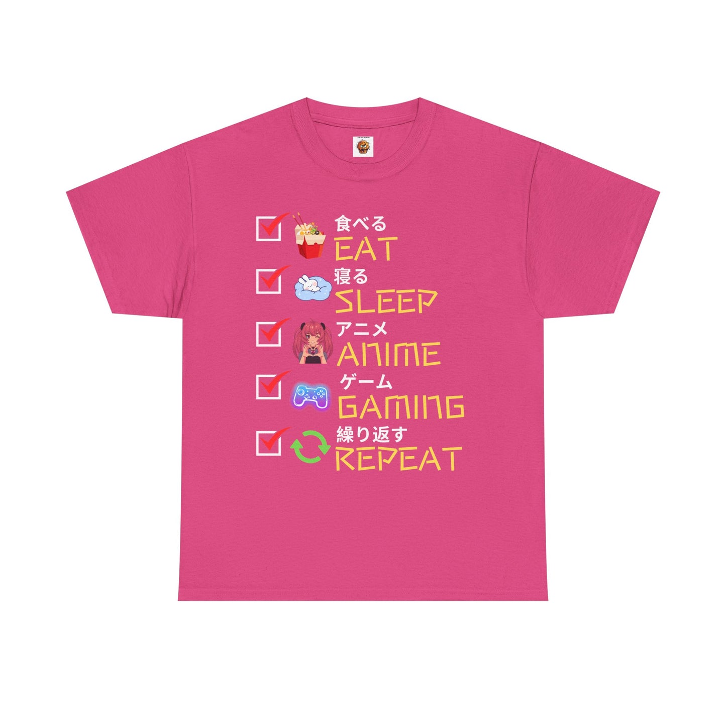 Cute Kawaii Unisex Heavy Cotton Tee Shirt T-Shirt - Eat Sleep Anime Gaming Repeat, Funny Checklist Japanese Kanji English, Geek, Nerd
