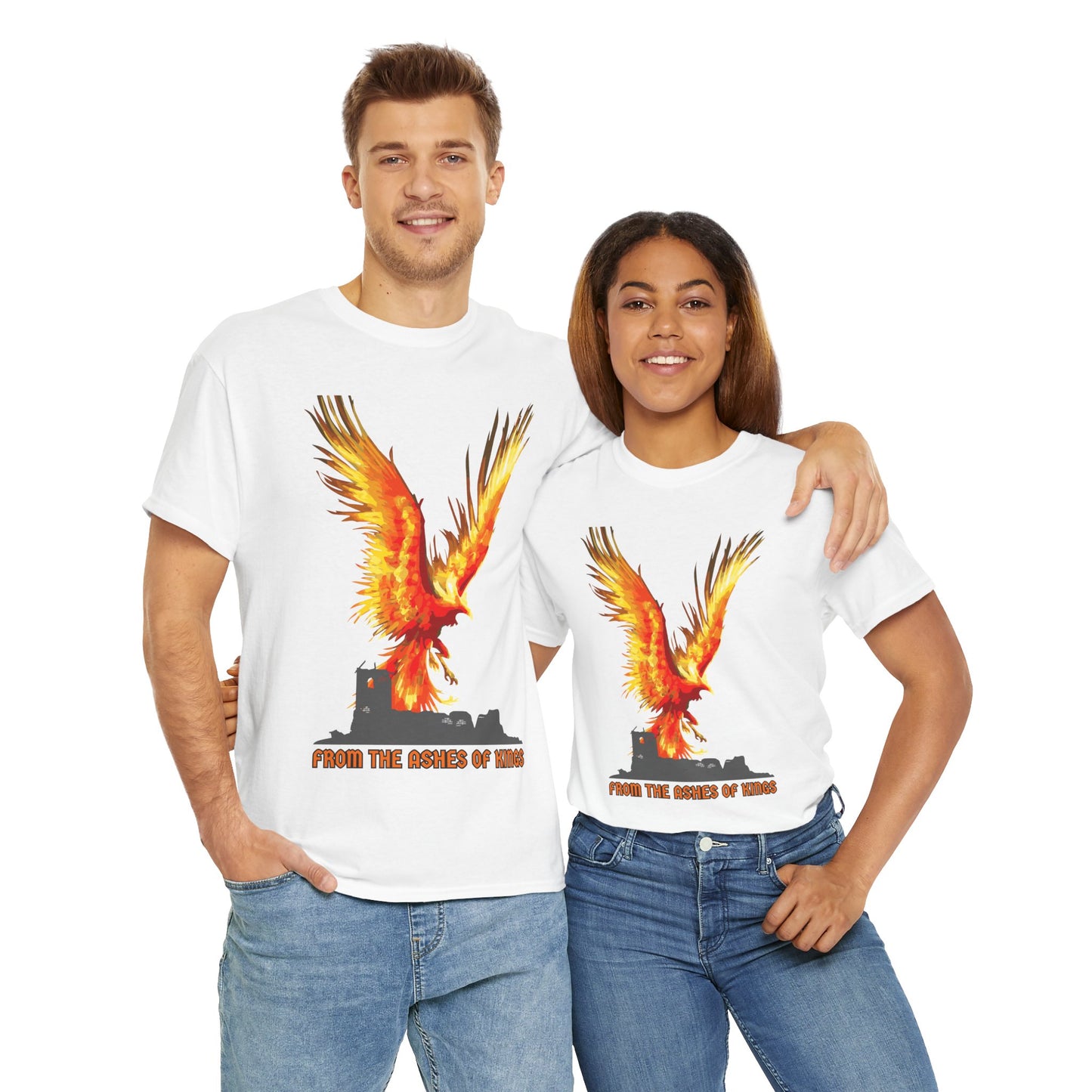 'From The Ashes Of Kings' Phoenix Rising Unisex Heavy Cotton Tee, Firebird Shirt, Unique Graphic Tee, Casual Wear, Gift for Friends, Festival Apparel, DND, RPG, TTRPG, Geek, Nerd