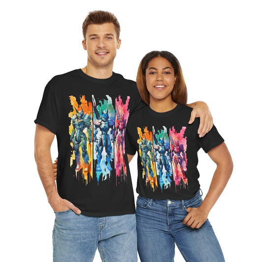 Watercolor Brushstroke Anime Mecha Art Unisex Heavy Cotton Tee Shirt - Mobile Battle Suit Armor, Geek, Nerd, Colorful