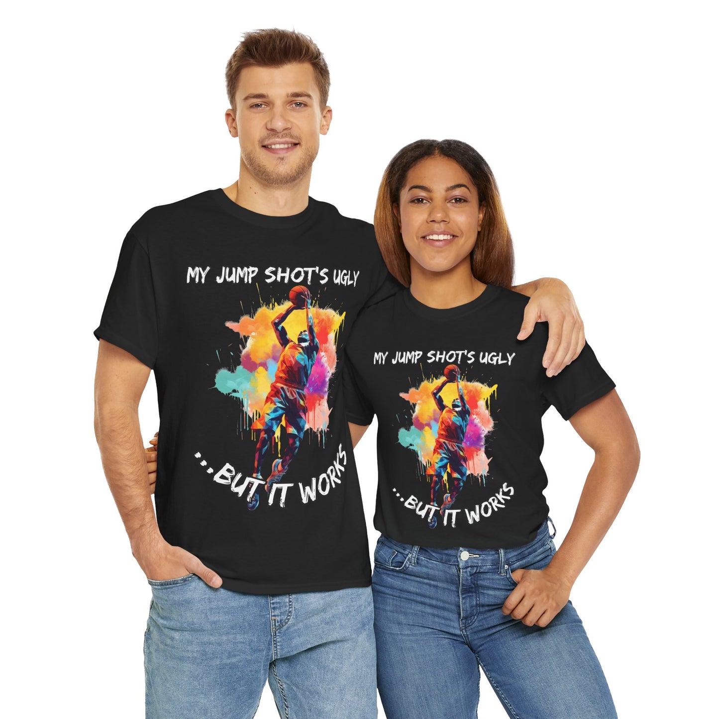 'My Jump Shot's Ugly, But It Works' Basketball Quote Tee: Fun Graphic Shirt for Sports Lovers, Gift for Athletes & Fans, Casual Wear, Birthday Gift, Workout Apparel
