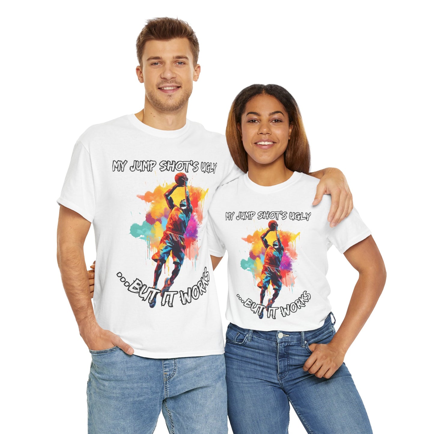 'My Jump Shot's Ugly, But It Works' Basketball Quote Tee: Fun Graphic Shirt for Sports Lovers, Gift for Athletes & Fans, Casual Wear, Birthday Gift, Workout Apparel