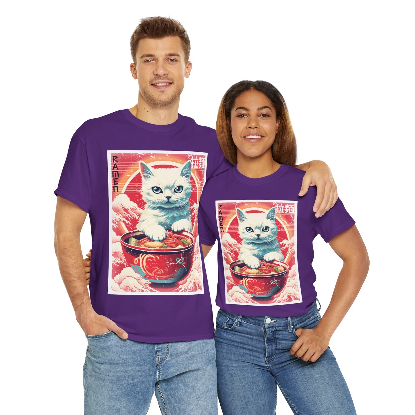 Cute Kawaii Anime Cat Eating Ramen Unisex Heavy Cotton Tee Shirt T-Shirt - Perfect for Animal Lovers and Foodies, Vintage Ad Style, Geek, Nerd