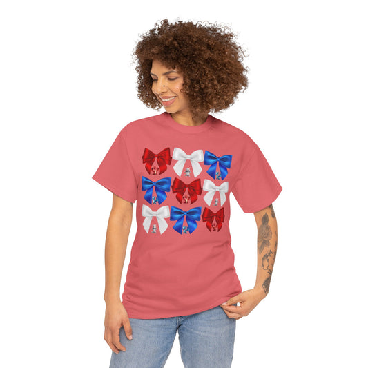 Coquette Red, White, and Blue Dragons & Bows Tee - American Flag, Perfect for Patriotic Events, Independence Day, BBQs, Family Gatherings, DND, RPG, TTRPG, Roleplaying, Geek, Nerd, 4th of July