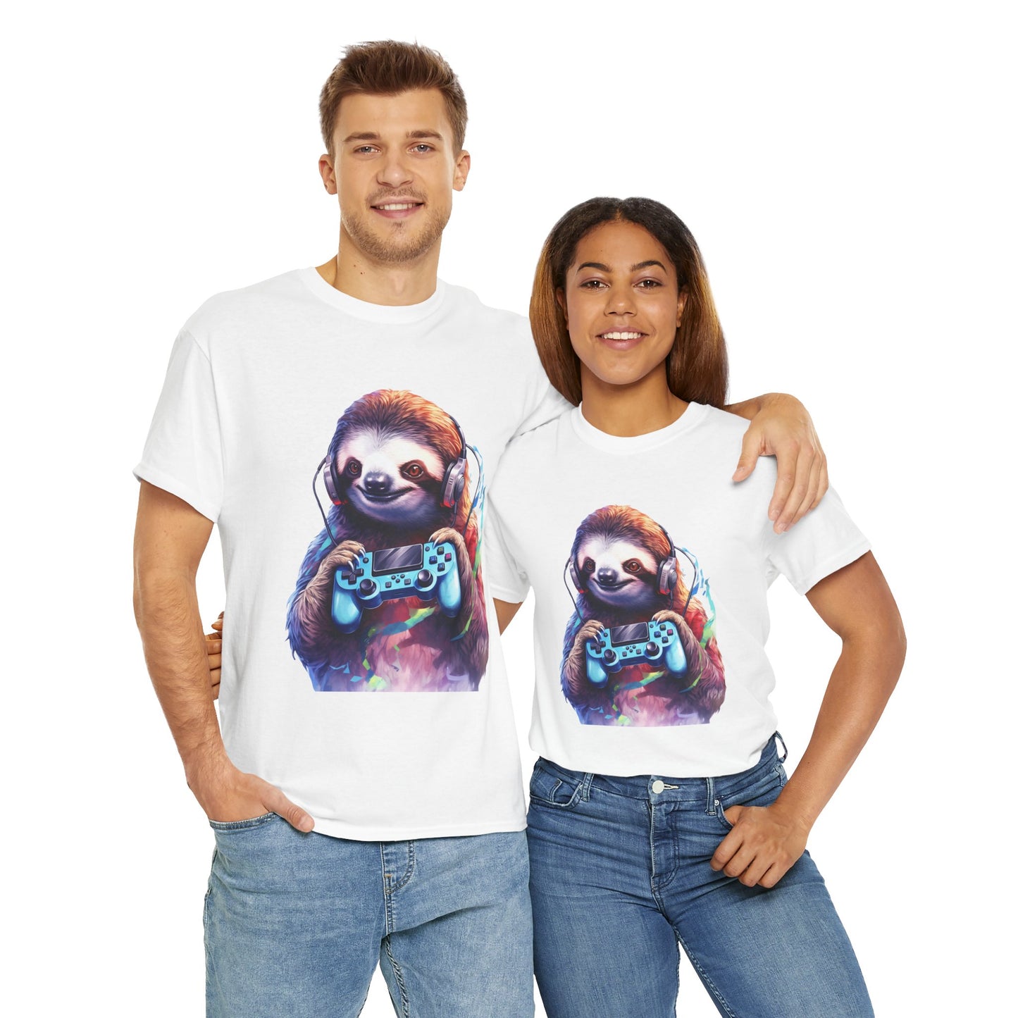 Cute Kawaii Gaming Sloth Unisex Heavy Cotton Tee - Animal Shirt, Gamer Apparel, Video Game, Anime, Weeb, Otaku, Geek, Nerd