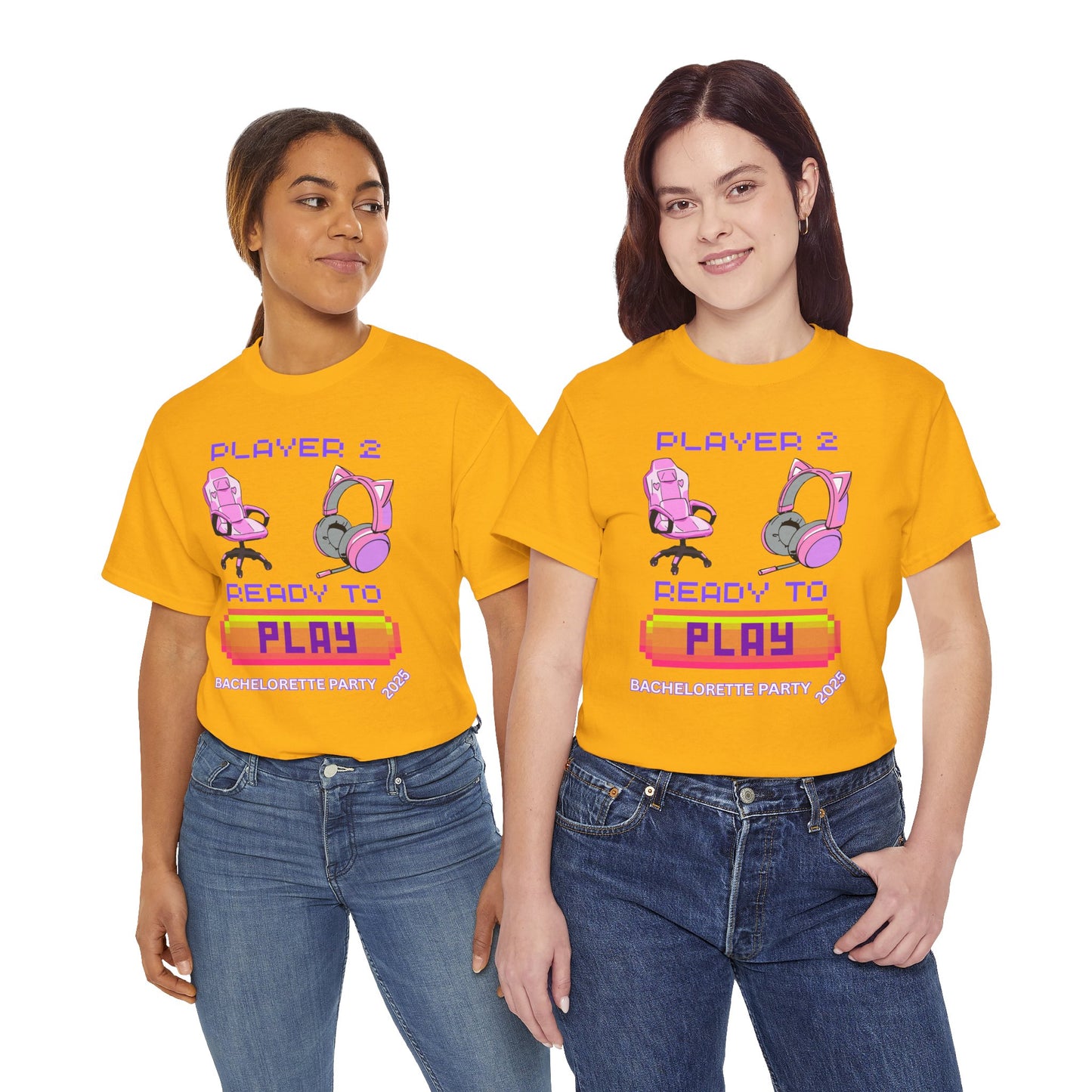 Gamer Girl Bachelorette Party 2025 Tee - 'Player 2 Ready to Play' Unisex Heavy Cotton T-Shirt, Video Game, Gaming, Console, PC, Tech, Geek, Squad, Nerd