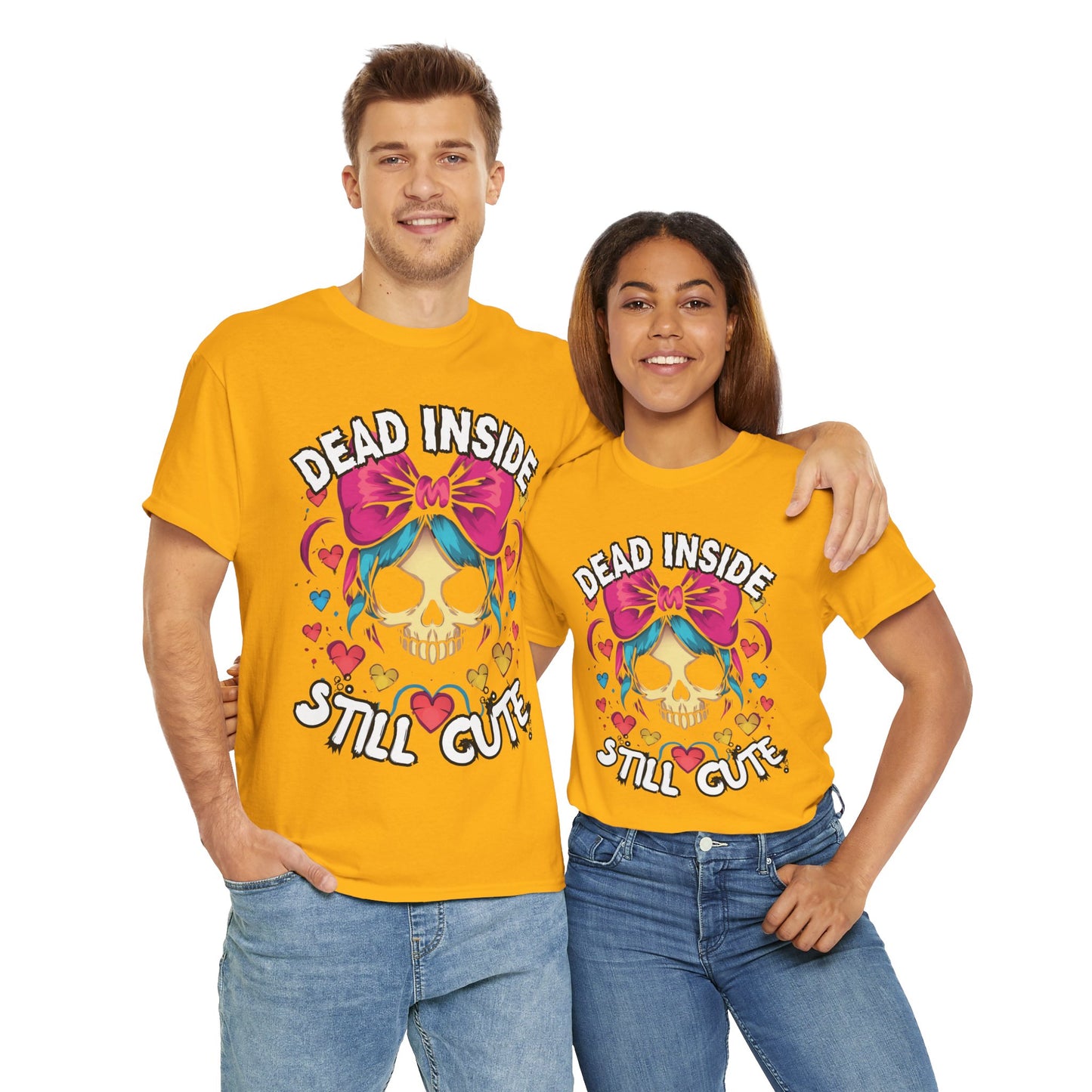 'Dead Inside Still Cute' Kawaii Skull & Heart Graphic T-Shirt, Unisex Heavy Cotton Tee, Casual Wear, Halloween Gift, Festival Fashion, Trendy Streetwear, Scary, Creepy, Gothic, Anime, Weeb, Otaku, Geek, Nerd